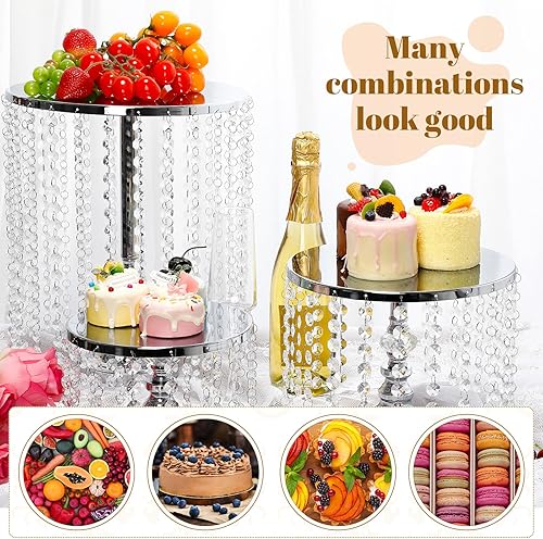 Miniatura 10 de Bokon 6 piezas de soporte redondo dorado para tartas de postres, soporte de metal para tartas, pedestal de mesa con colgante de cristal y cuentas de