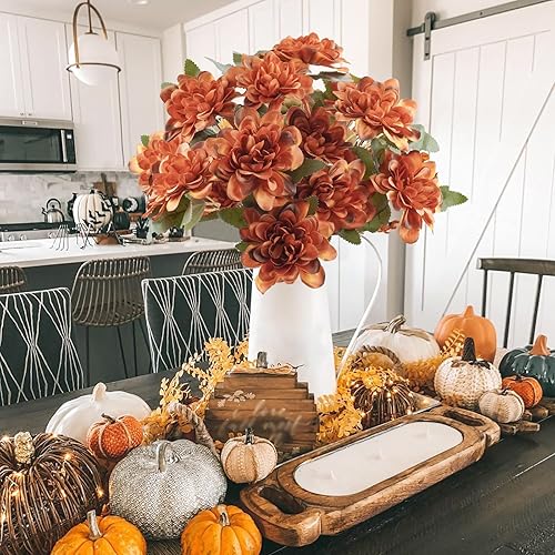 Miniatura 6 de Uieke 6 piezas de margaritas artificiales con tallo, arreglo de flores de seda de color naranja quemado para el hogar, fiesta, otoño, boda,