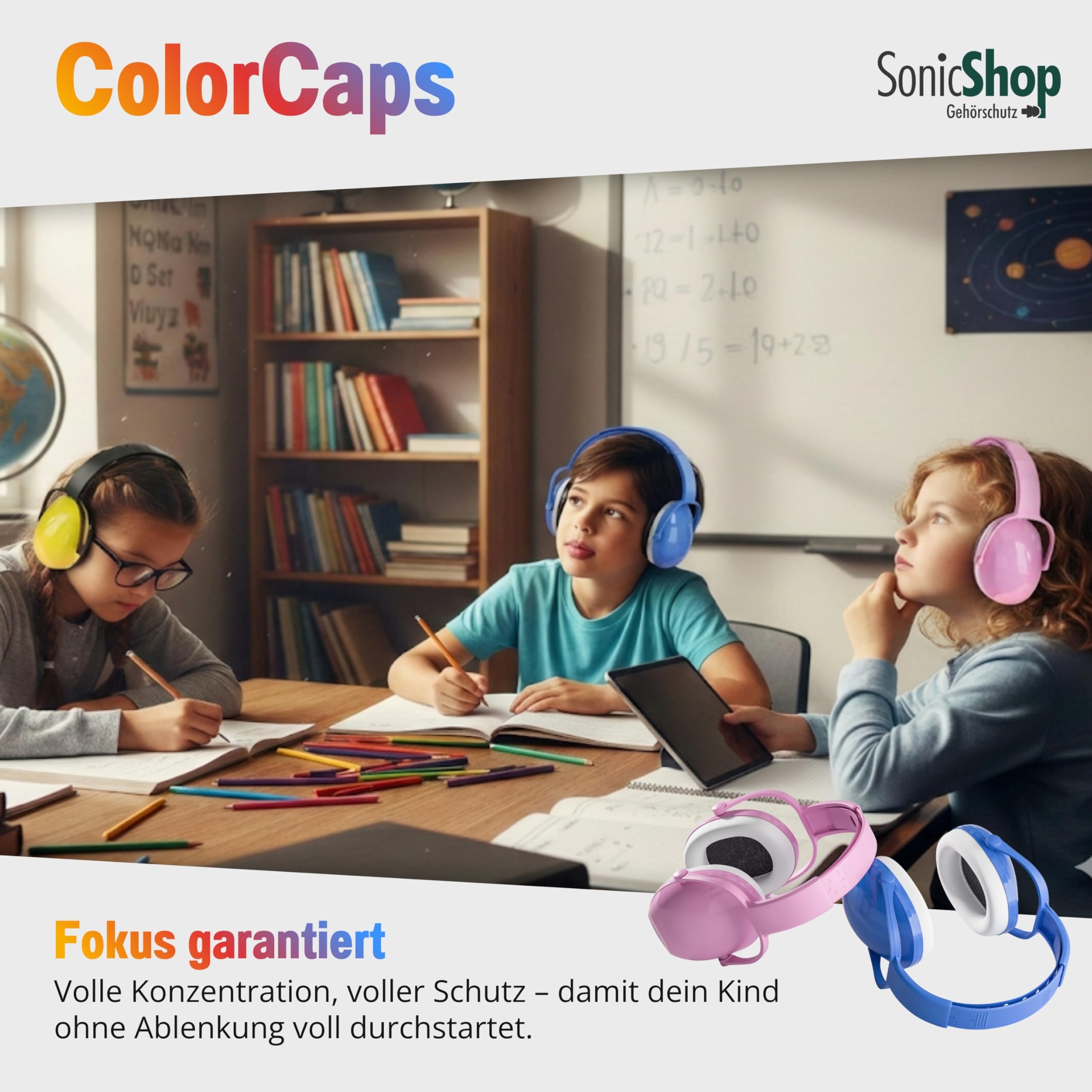 ColorCaps Kinder Kapselgehörschutz ab 3 Jahren – 26 dB Lärmschutz für Kinderohren – Mitwachsend 3–15 Jahre – Weiche Ohrpolster – Gehörschutz Kinder für Schule, Konzerte, Reisen & Sport