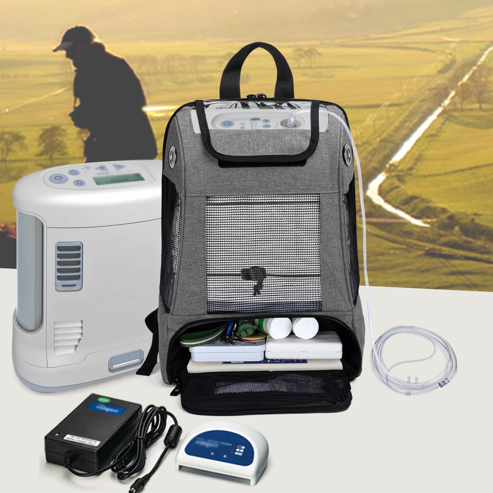 CURMIO Sac de transport pour concentrateurs d'oxygène portables, sac à dos POC universel avec panneaux en filet pour la respirabilité, compatible pour les unités Inogen, Oxygo, Caire,gris