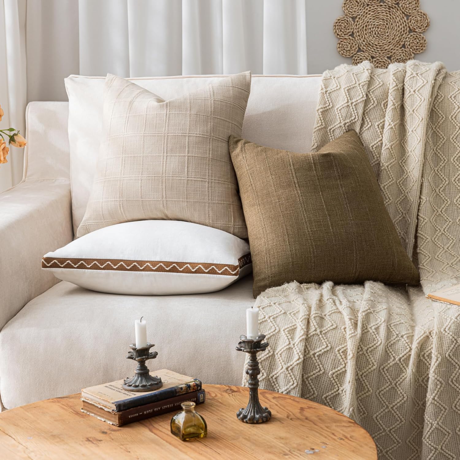 Soft Linen Striped Throw Pillow Covers 18"x18" Set of 2, Brown Textured Decorative Pillow Cases for Sofa Bedroom Modern Organic Cushion Covers Neutral Boho Farmhouse Home Accent Decor - Image 6