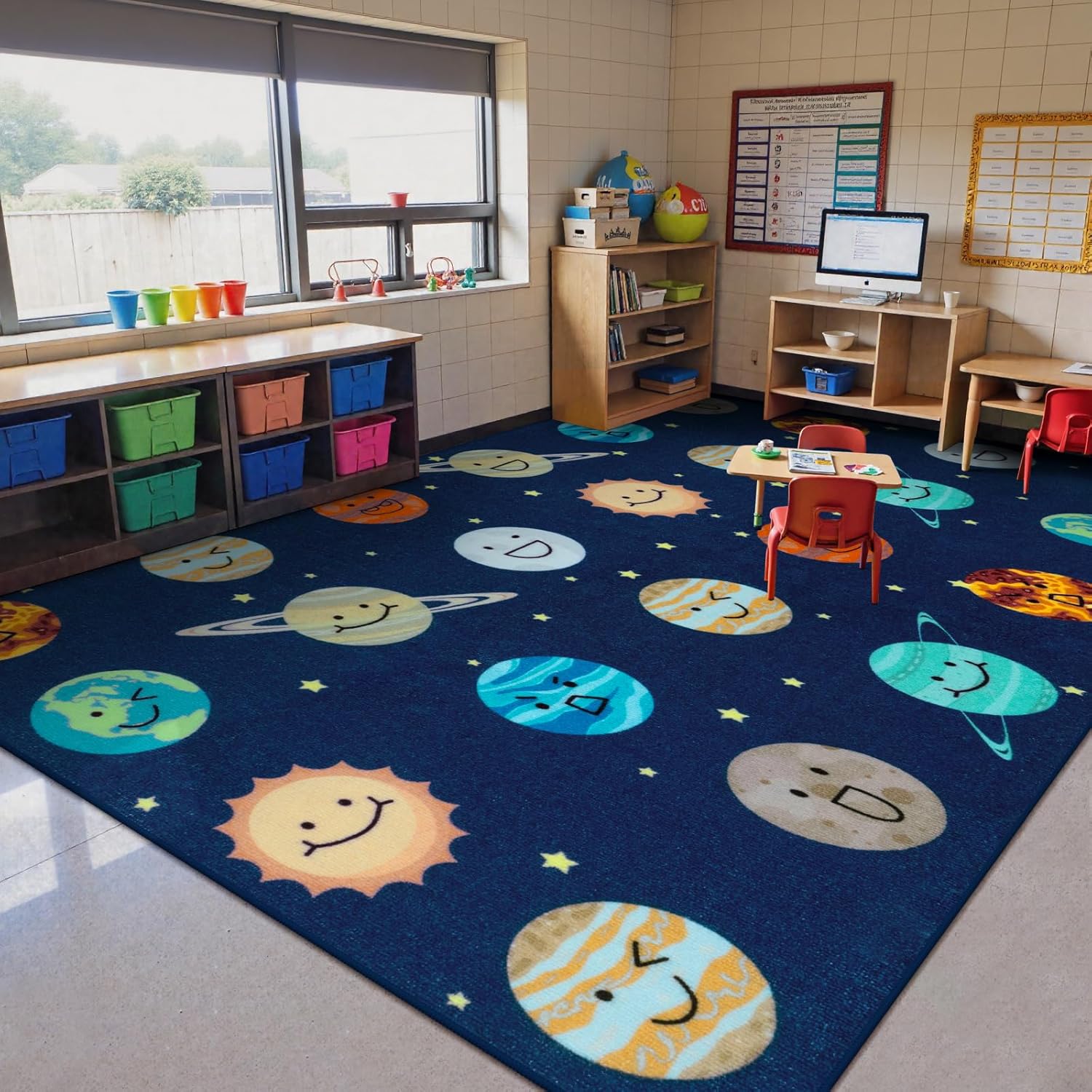STARUIA Classroom Rug with Planet Smiley Face, 7'5"x13' Large Educational Circle Time Rug for Preschool Daycare, Non-Slip Classroom Carpet Kids Rugs for Playroom and Teaching, Seats 24, Blue