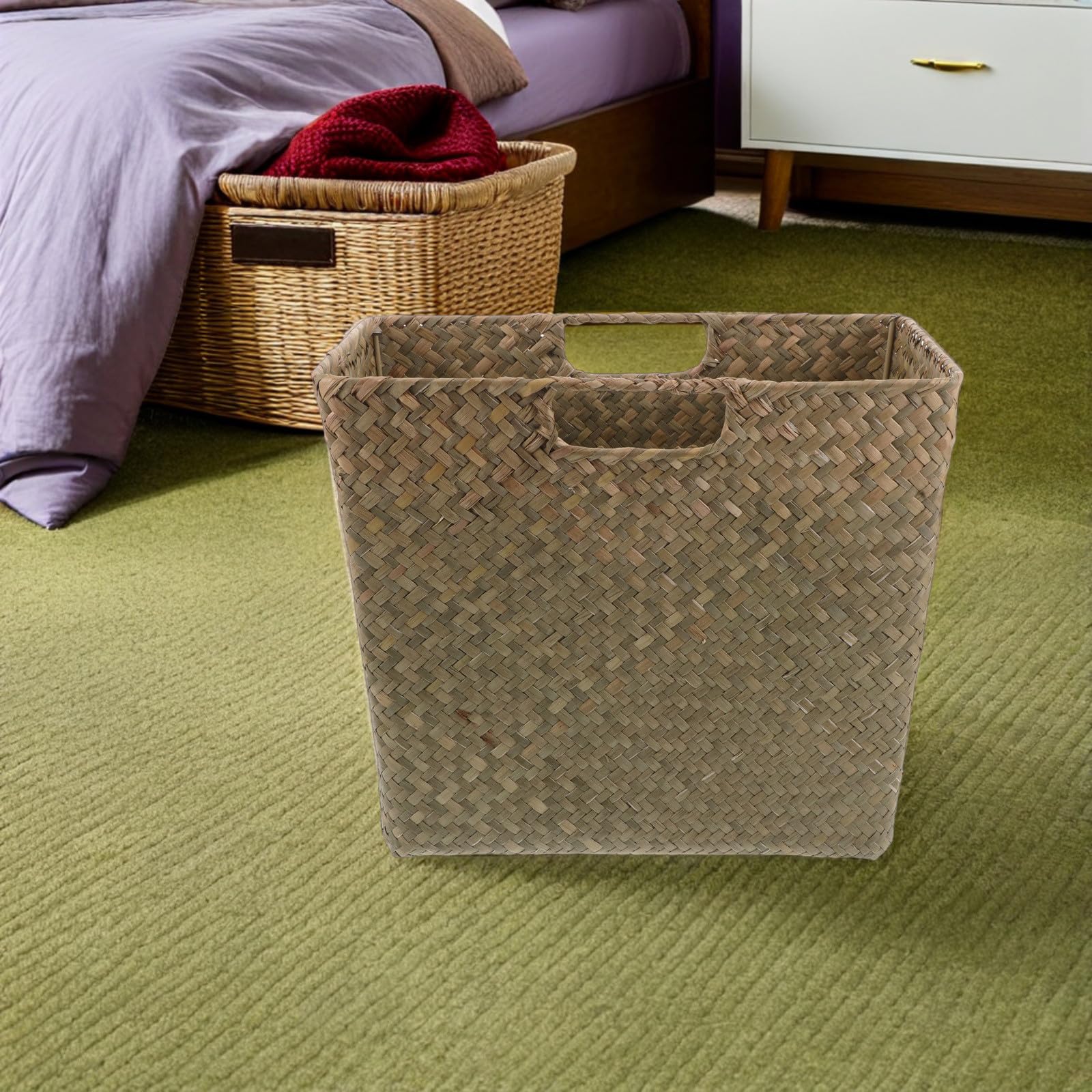 FRCOLOR Cesta de Almacenamiento Tejida a Mano Natural 35x30x18 Cm de Algas Marinas con Asas Dobles Multifuncional para Hogar Oficina y Sala de Estar