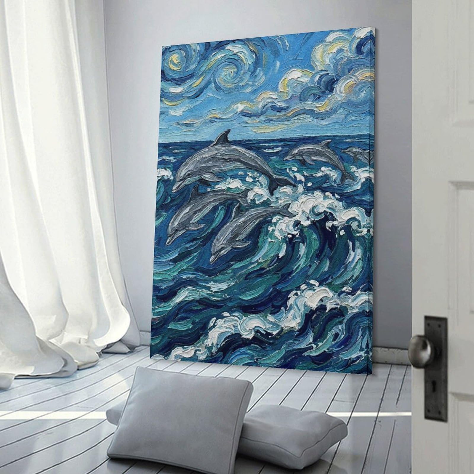 Junmoney Canvas Wall Picture Dolphins in Ocean Waves Painting, 24x36inch(60x90cm), for Calm Bedrooms, Home Corners Or Flats, Decorative Wall Art for Cosy Rooms