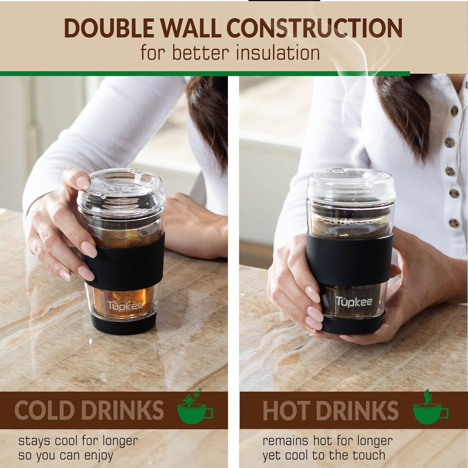 Tupkee Double Wall Glass Tumbler - 8-Ounce, All Glass Hand Blown Reusable Insulated Tea/Coffee Mug & Lid, Travel Mug - Black - Image 6