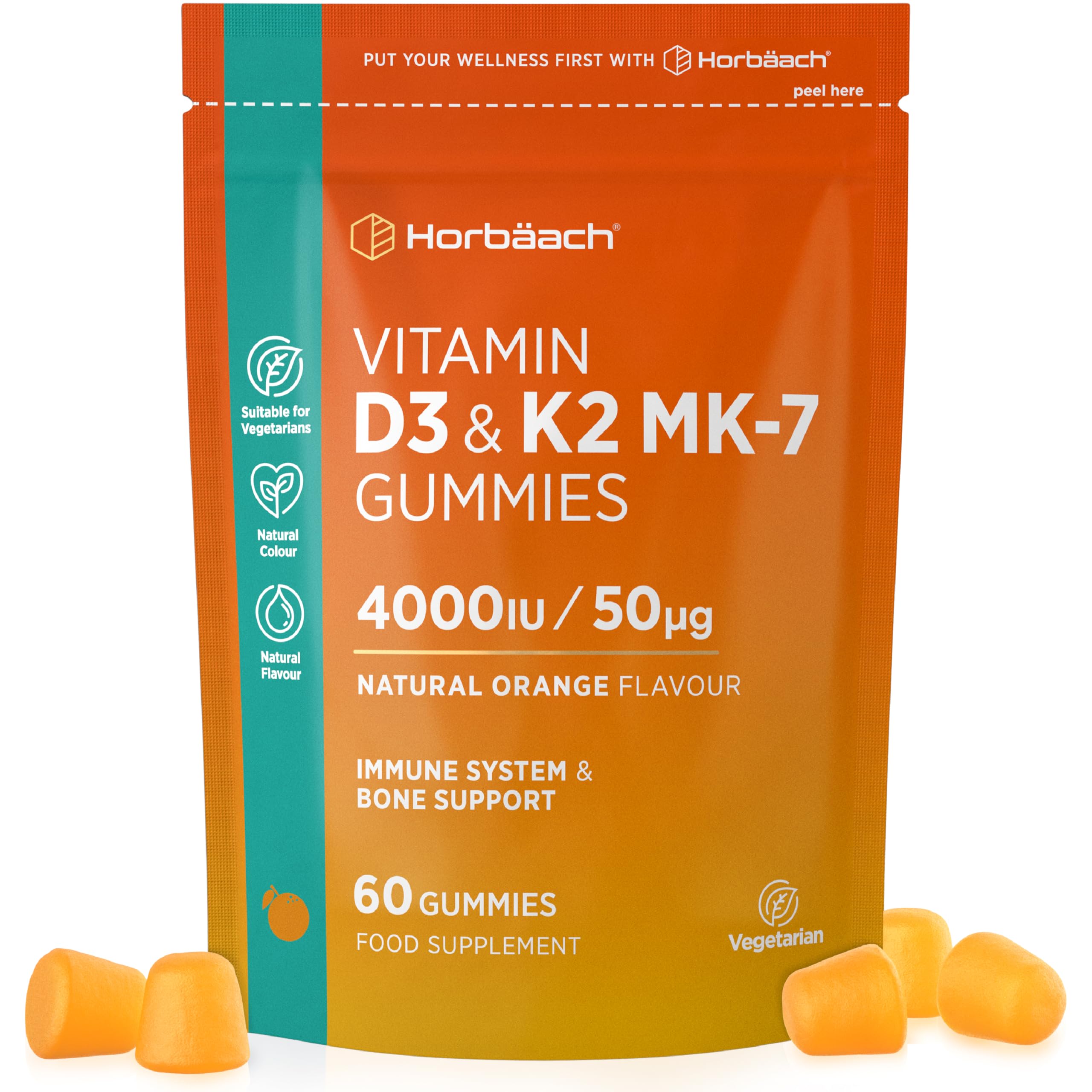 Vitamin D3 K2 Gummies 60 Count (2 Months Supply) High Strength 4000iu Vitamin D3