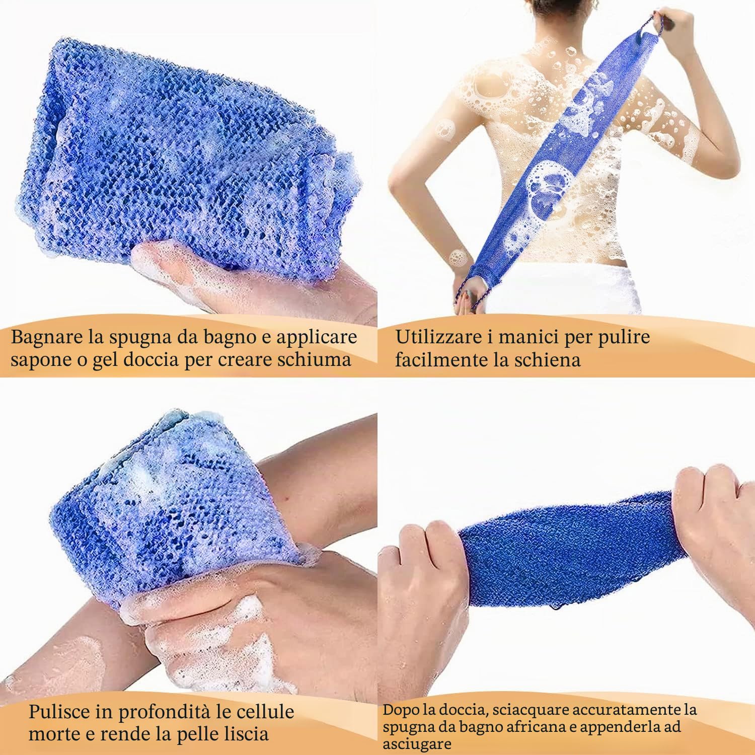 Pinkiou 3 spugne da doccia con gambo, rete di esfoliazione africana esfoliante rete esfoliante per il bagno, per la schiena, morbide e resistenti tute in nylon per il bagno quotidiano