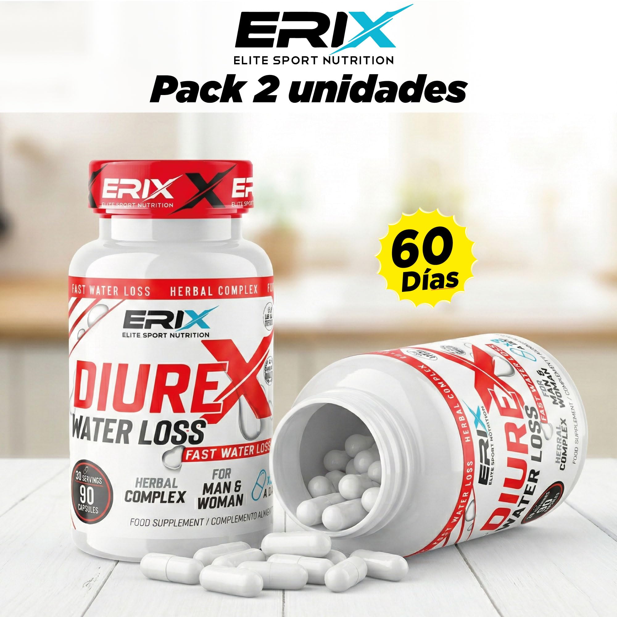 ERIX Nutrición Water Loss [Pack de 2] - Diurético Natural de Alta Potencia - Elimina Retención de Líquidos y Define - 13 Extractos Vegetales + L-Tirosina - 180 Cápsulas