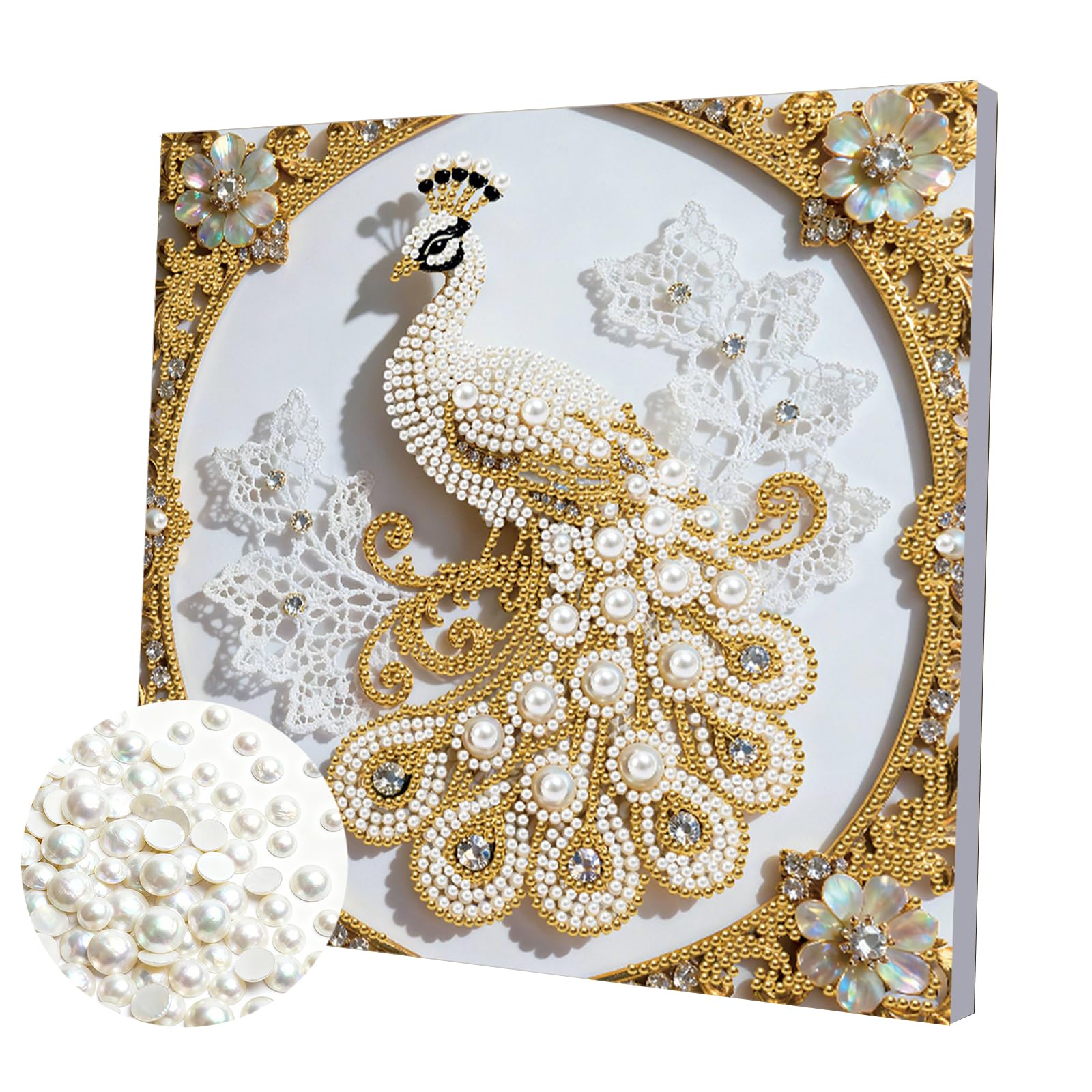 DIY Pearl Painting Kit with Wooden Frame, 3D Plastic Pearl Gemstone Ocean Art Craft for Adults Beginners, Diamond Dot Painting, Home Wall Decor Ready Gift for Women(Peacock)(25 * 25cm)