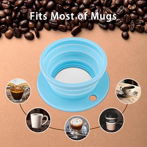 Miniatura 4 de Taza individual plegable para verter sobre café, cafetera de viaje sin papel, para acampar, cafetera de goteo con filtro de metal reutilizable (azul)