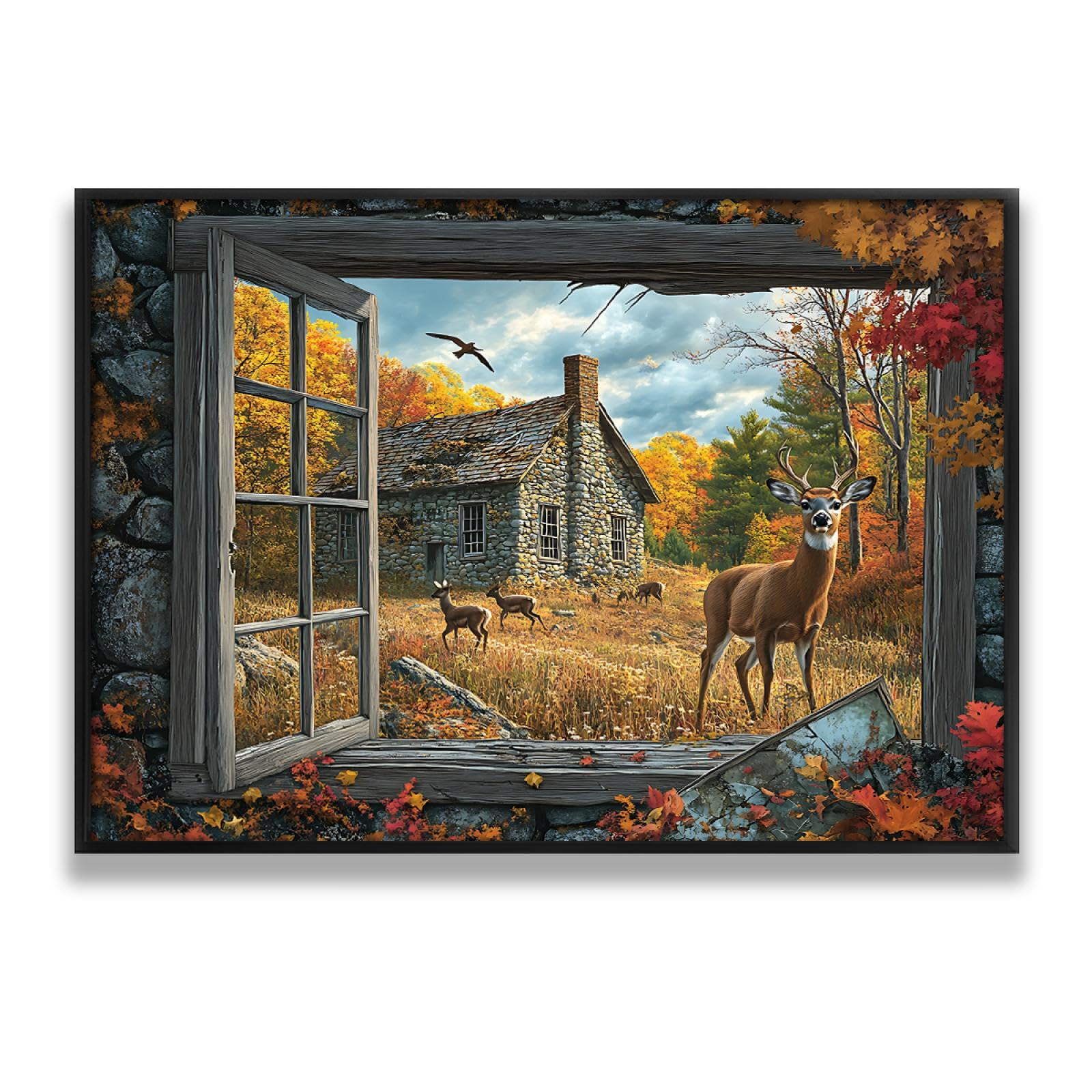 Cabaña de otoño ciervo Lienzo Arte de pared Naturaleza Paisaje Cuadros Rústico Vida silvestre Obras de arte Impresiones Bosque escénico Pósters Pintura Decor del hogar 60x90cm Con-marco-negro