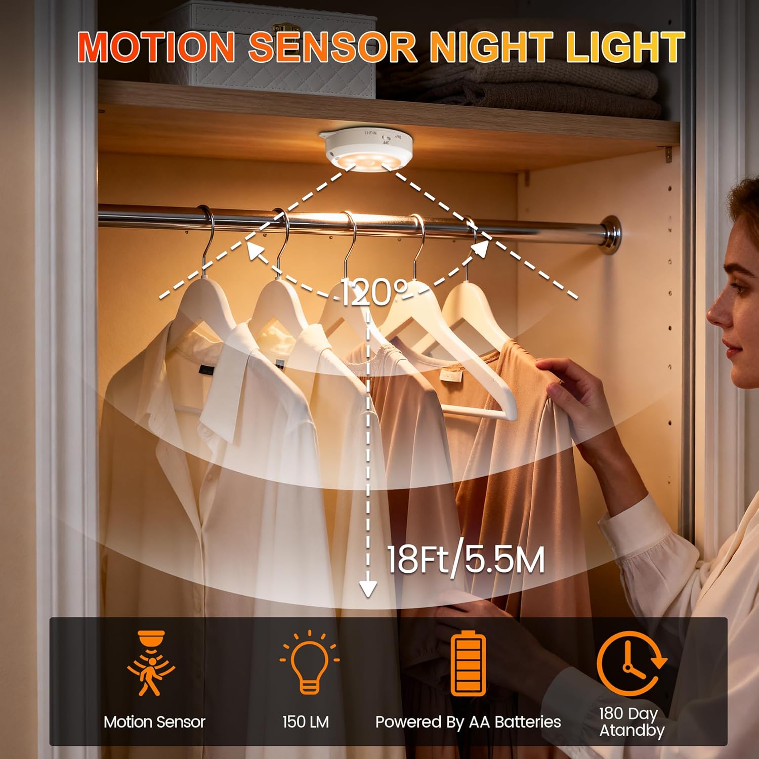 YiaMia Motion Sensor Under Cabinet Lights - 6 Pack, Indoor Smart Sensor Night Light, 3 × AA Battery Operated Wireless Stair Light, Dimmable Puck Lights Suitable for Kitchens, Wardrobes, Hallway