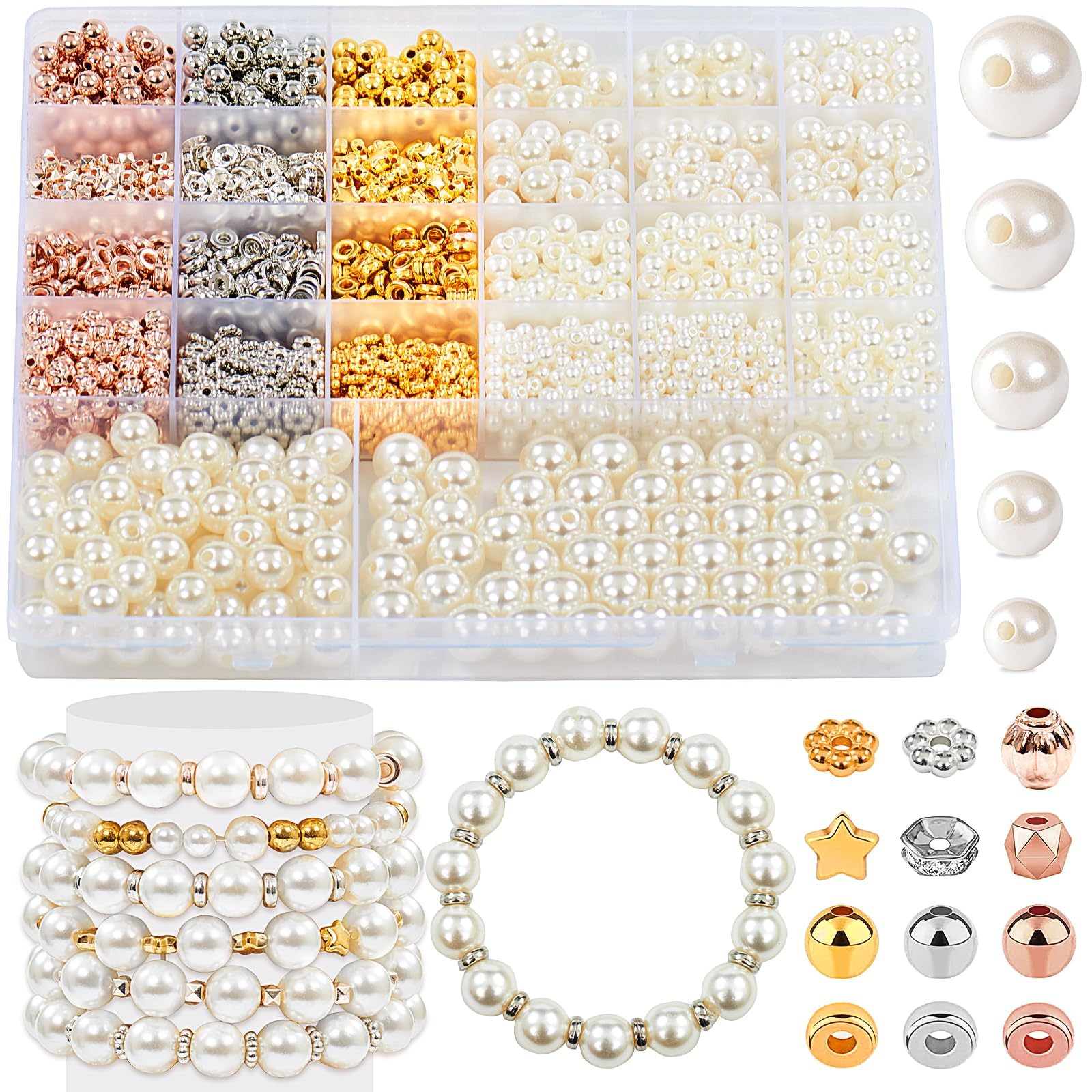 Pearls Beads Kit, 2031 Pcs White Gold Polished Loose Beads Making Kit 4/6/8/10/12mm, Glass Round Pearl Beads with 7 Shapes Gold Ball Spacer Beads Elastic String for DIY Bracelet Jewelry Making