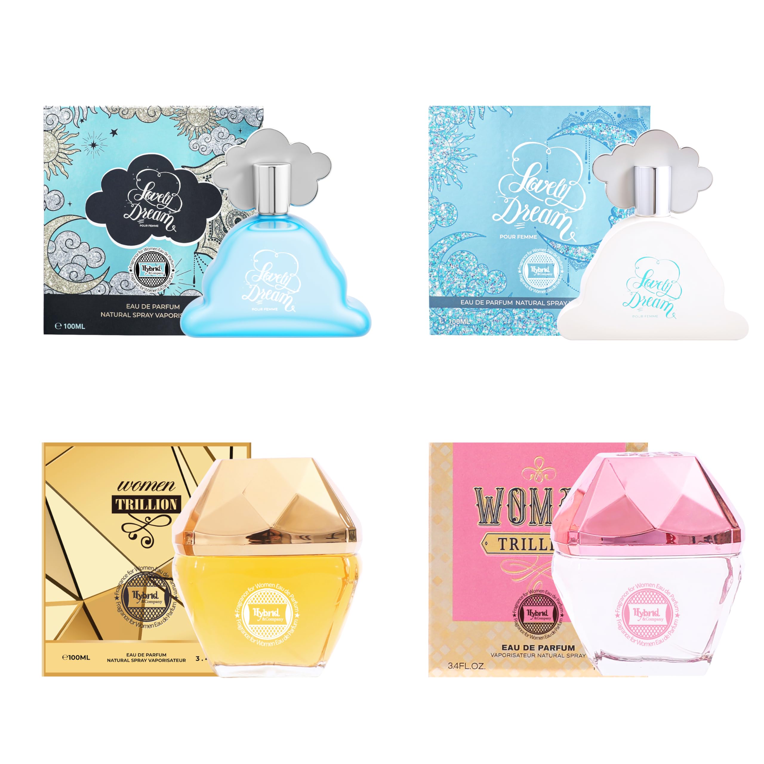 Hybrid & Company Women's 4 Pcs Lovely Dream Pour Femme Trillion Pink Perfume Natural Spray Fresh Fragrance