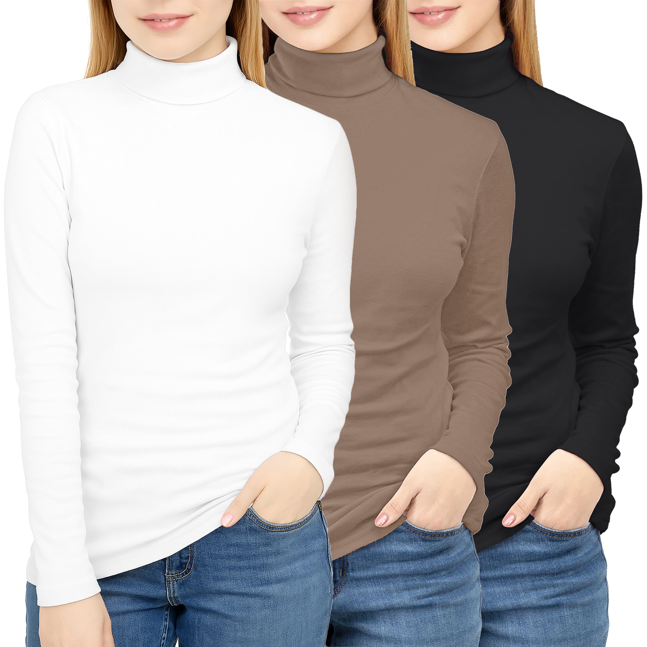 NY Threads 3 Pack Womens Turtleneck Long Sleeve Tops Slim Fit Thermal Underwear Shirts Turtle Neck for Women, X-Large, Black/White/Coffe