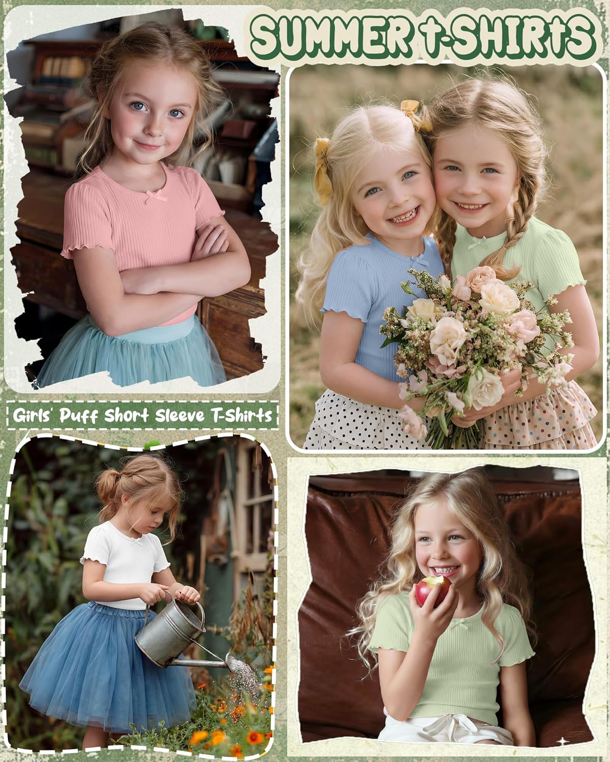 4 Pack Girls' Puff Short Sleeve T-Shirts 5-14 Years Cotton Ribbed Crew Neck Tops Fitted Lettuce Trim Bow Tie Tees