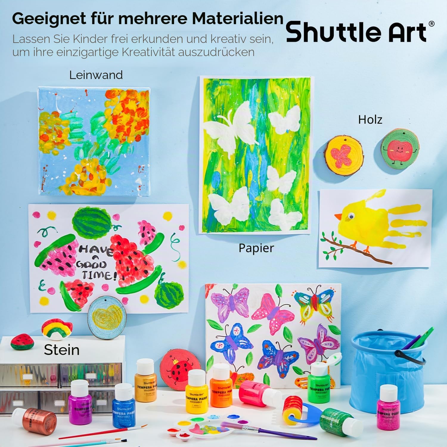 Shuttle Art Temperafarben Set, 30 Tempera Farben in Flaschen, je 60 ml, abwaschbare Kinderfarben, enthält Fluoreszierende, Metallic- und Glitzer-Farben, für Poster, Malen und Bastelprojekte geeignet