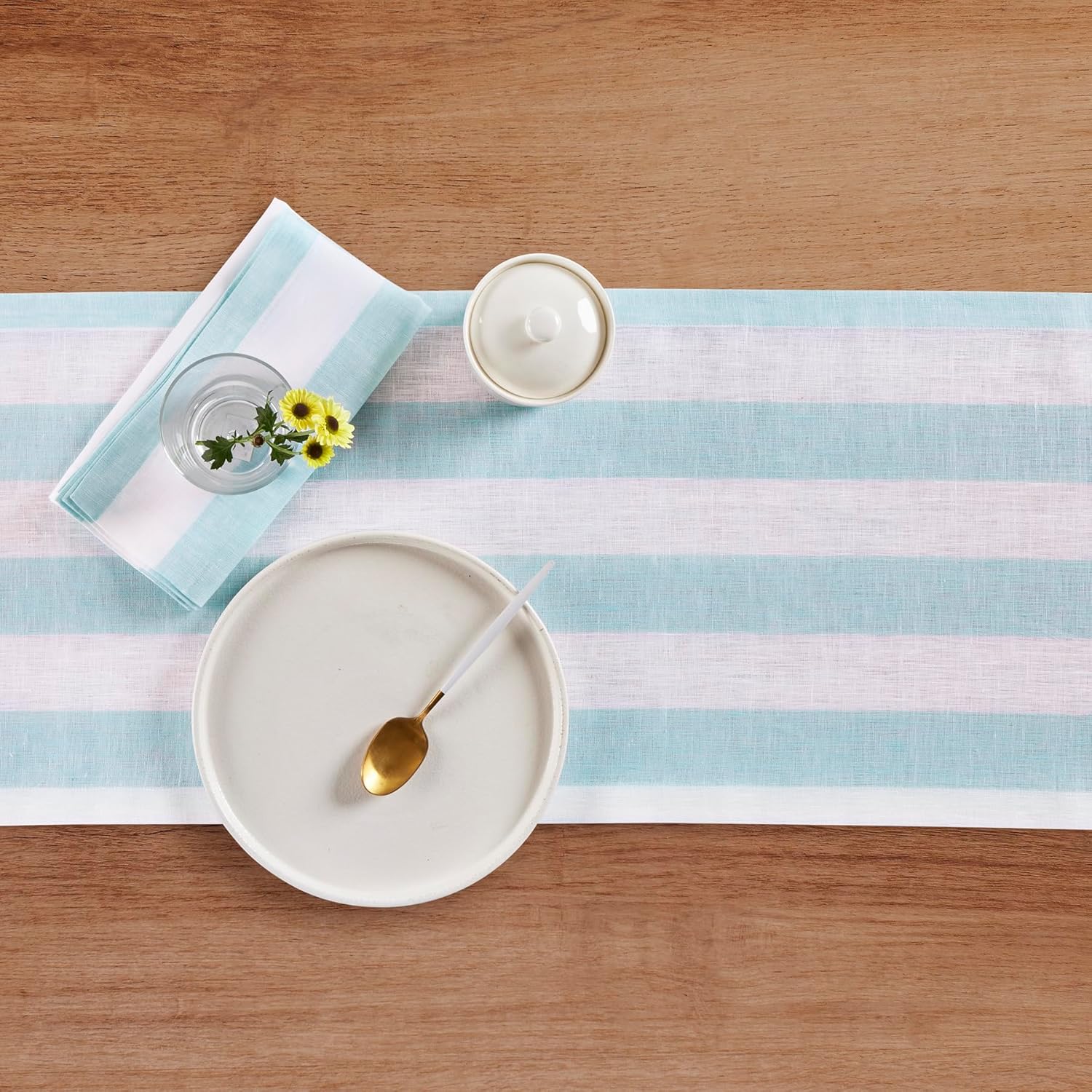 Solino Home Linen Striped Table Runner 48 Inches - Cabana Stripe, 100% Pure Linen Aqua and White Small Table Runner 14 x 48 Inch Ideal for Dresser and Coffee Tables, Spring, Summer, Mothers Day