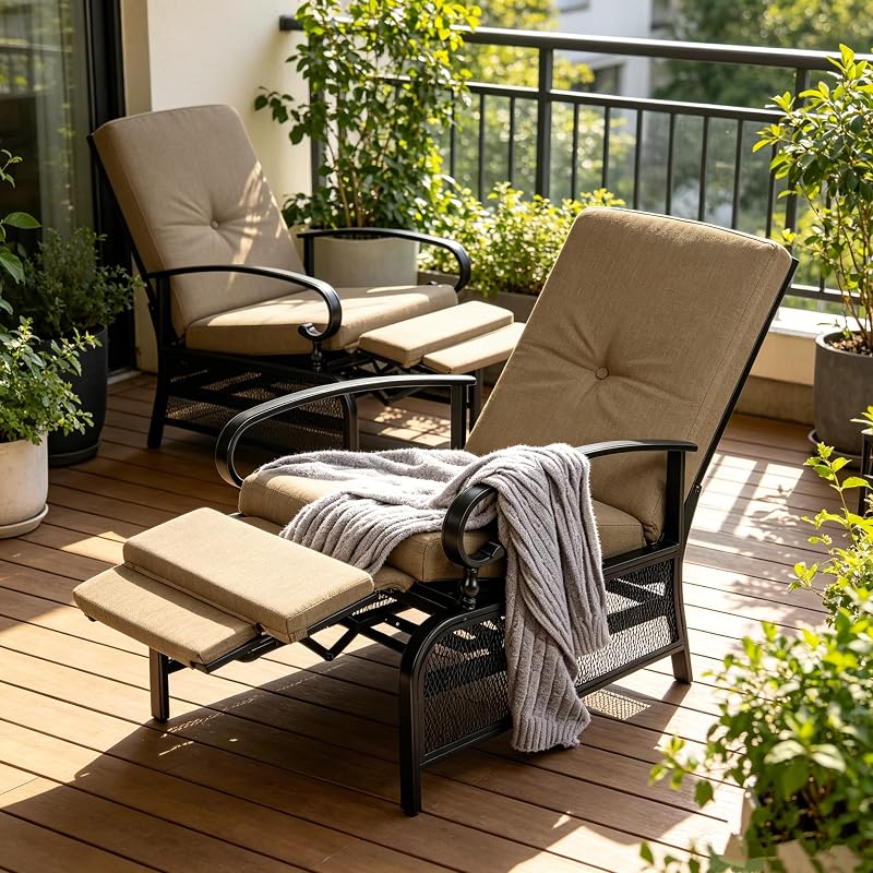 SUNCROWN Outdoor Adjustable Recliner Chair for Patio - A Relaxing Outdoor Metal Furniture Chair with Thick Cushion, Brown image 2