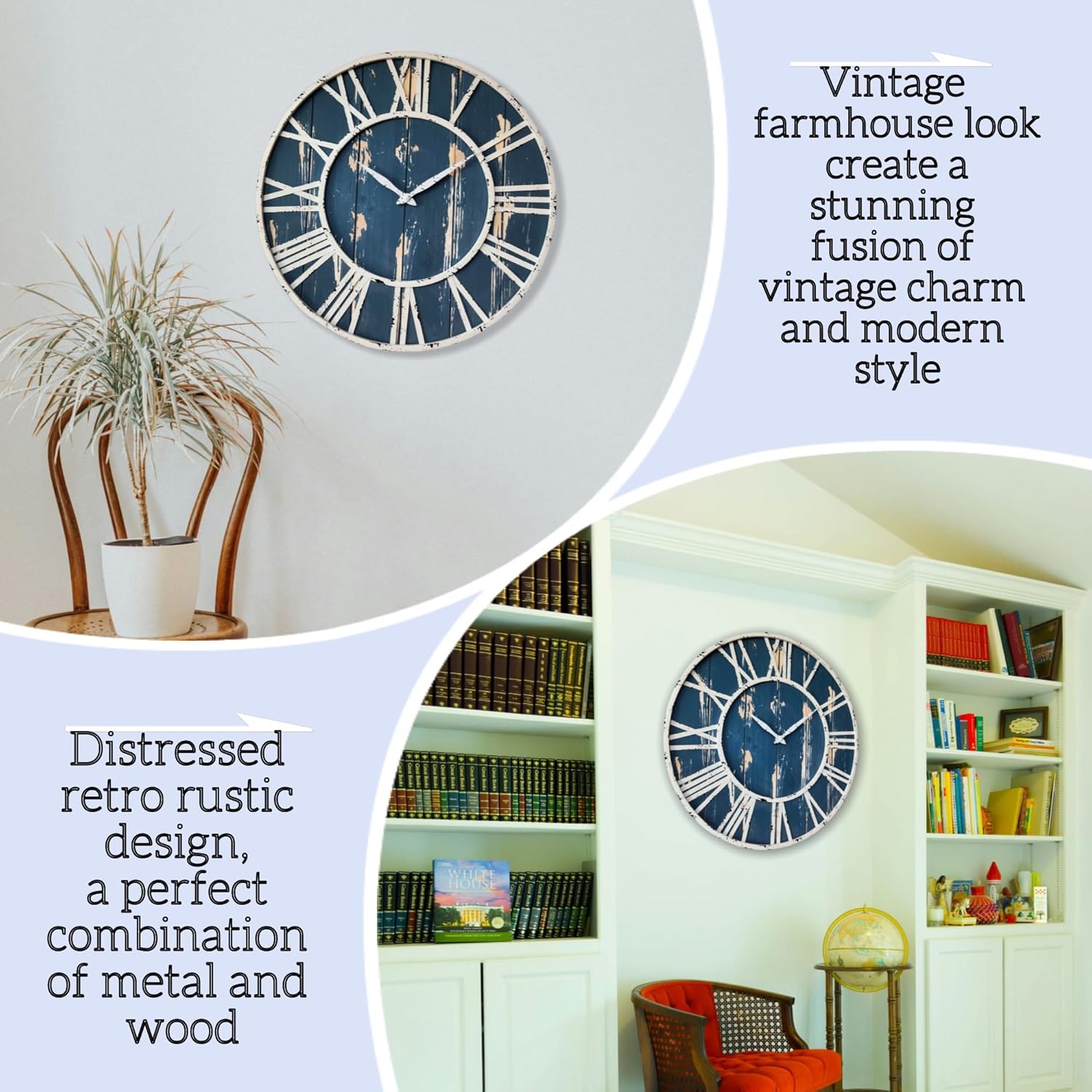 Evursua 24 Inch Large Metal&Wood Wall Clocks Modern Rustic Blend Farmhouse Clocks Distressed Real Wood Handmade Clock for Living Room Decor Home Wall Hanging Accessories Oversized