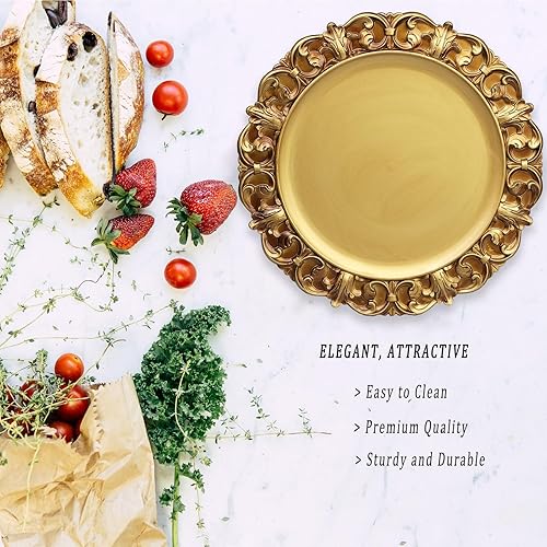 Miniatura 3 de Leemxiiny Juego de 6 platos de carga dorados antiguos con borde festoneado dorado, cargadores de platos para platos de cena, boda, decoración de