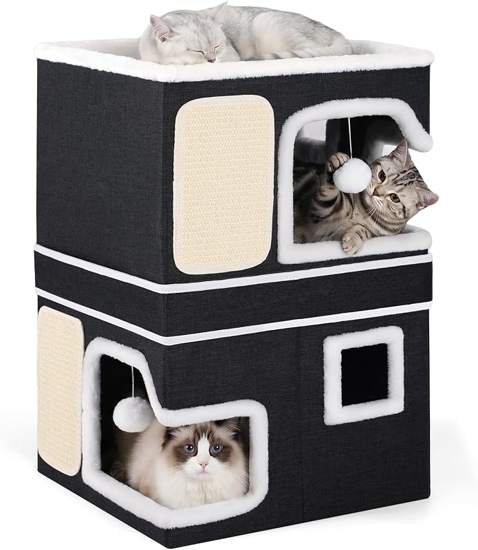 Casa e Condomínio para Gatos Shikha com 2 Andares, Arranhadores e Almofadas Reversíveis, Preta