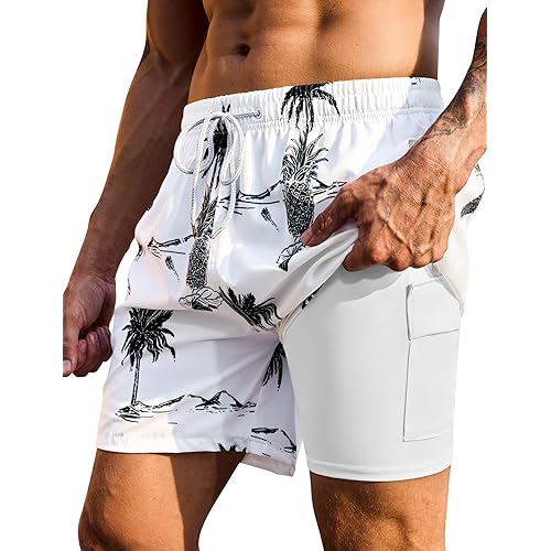 Mens Swim Trunks with Compression Liner Bathing Suits 2 Pack Quick Dry Stretch Beach Shorts 7 inch Inseam Swimwear