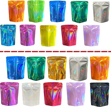 200 Pack Premium Smell Proof Mylar Bags, 10 Holographic Colors Mixed Resealable Food Storage Bags with Double-sided printing, 4" x 5" and 4" x 6"