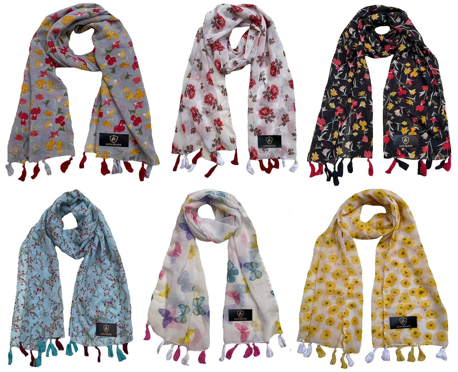 letz dezine � Women's Printed Chiffon Multicolored Scarf and Stoles with Tassels - Set of 6 (LDS10248)-picture-11