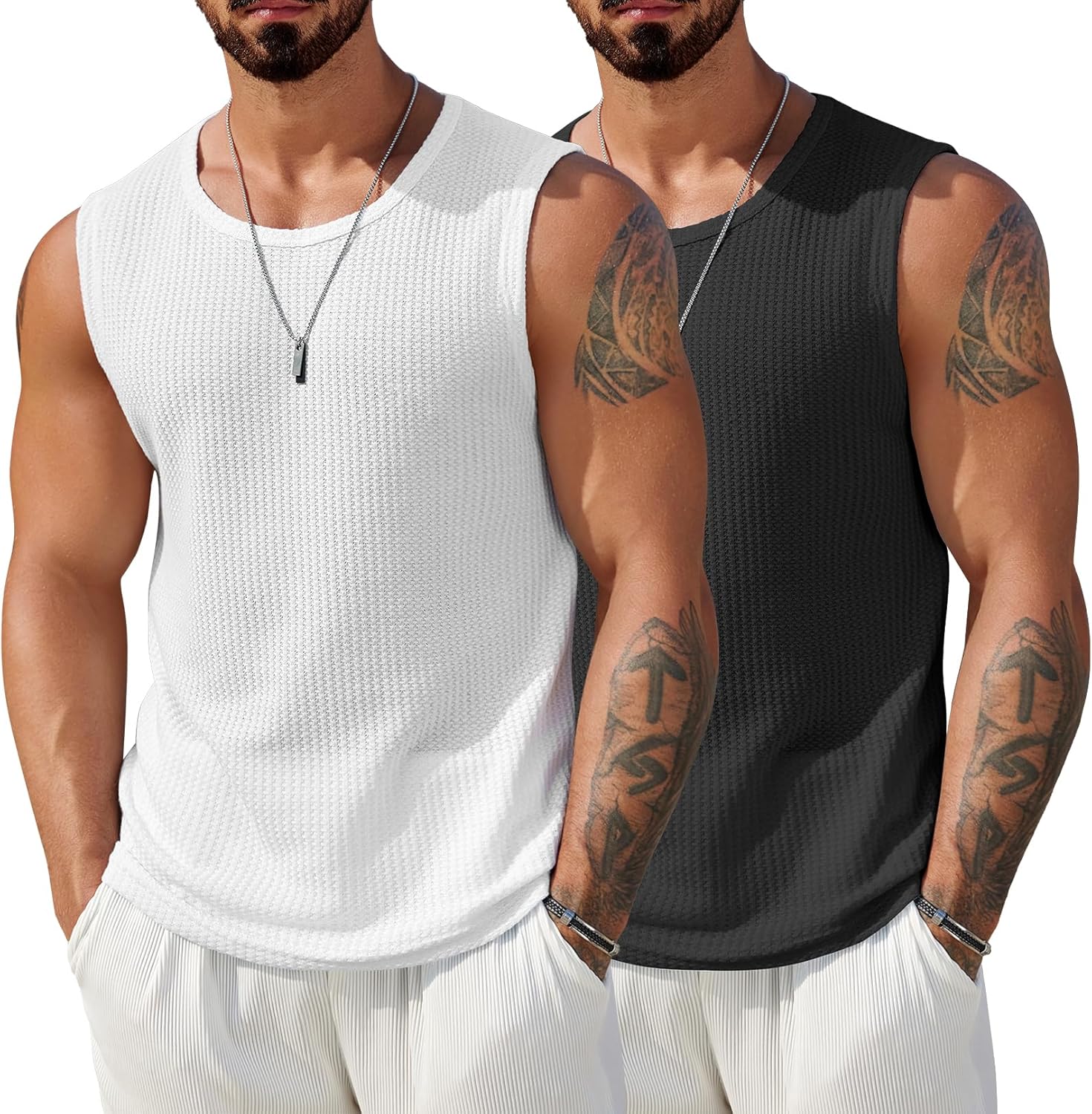 COOFANDY Mens Casual Tank Tops 2 Pack Waffle Knit Sleeveless Shirt Breathable Tank Shirts Summer Muscle Tee