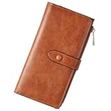 Womens Leather Wallets RFID Blocking Large Capacity Trifold Card Holder Ladies Phone Clutch Brown