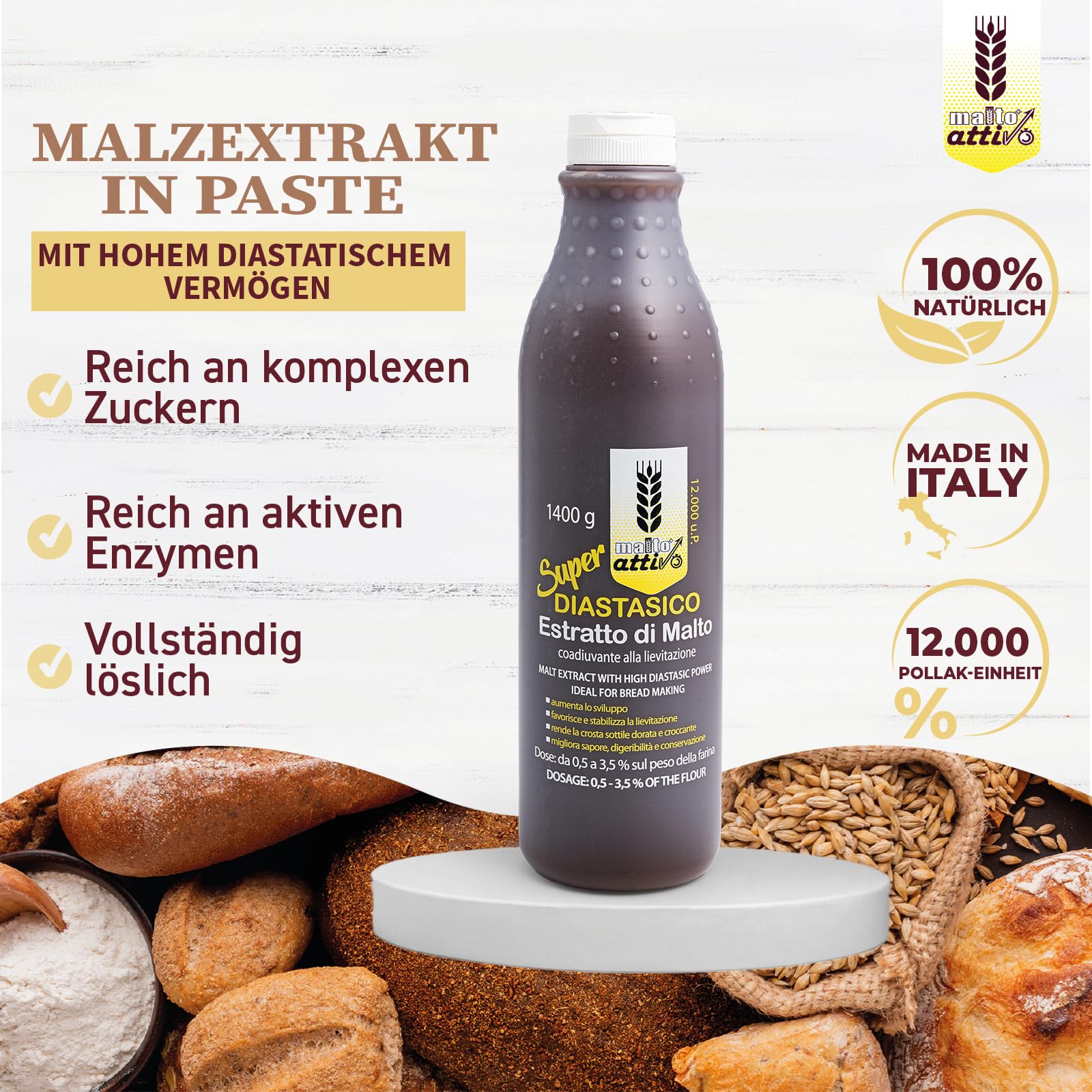 Malto Attivo - Super Diastasico 1400 g, Malzextrakt mit hohem diastatischem Vermögen, Gersten- und Maismalz – Ideal zum Backen, 12.000 Einheiten, Pollak, Hergestellt in Italien