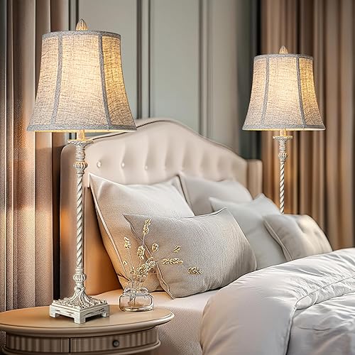 Miniatura 5 de LuxSight - Lámpara de mesa estilo vintage europeo, estilo vintage, 33 pulgadas de alto, tela de lino blanco marfil, pantalla suave, atenuación