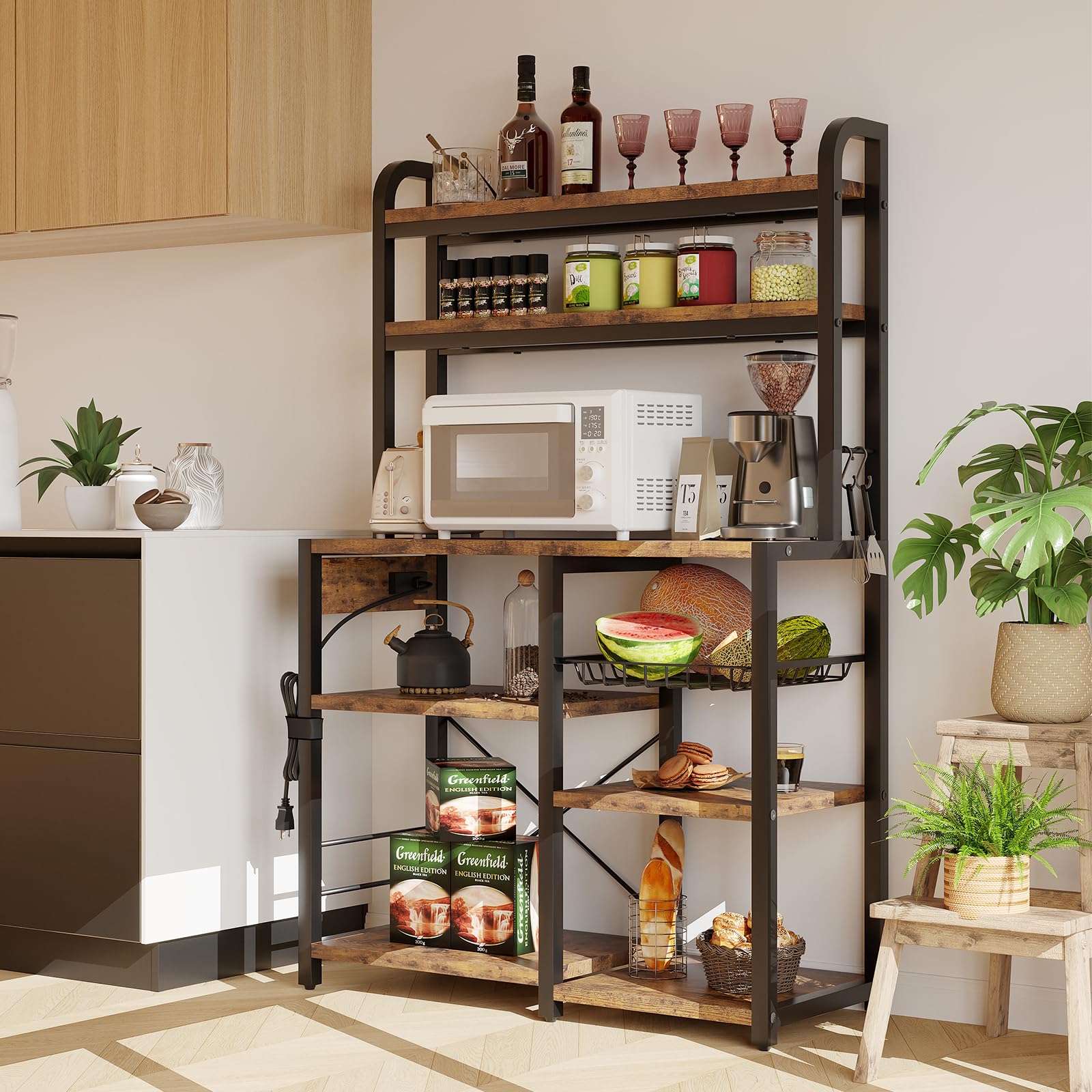 Garvee Estantería de Panadería con Toma Corriente,Muebles de Cocina,Estantes Abiertos y Cesta de Alambre,para Cocina y Comedor, 90 * 40 * 150 cm(Marrón)
