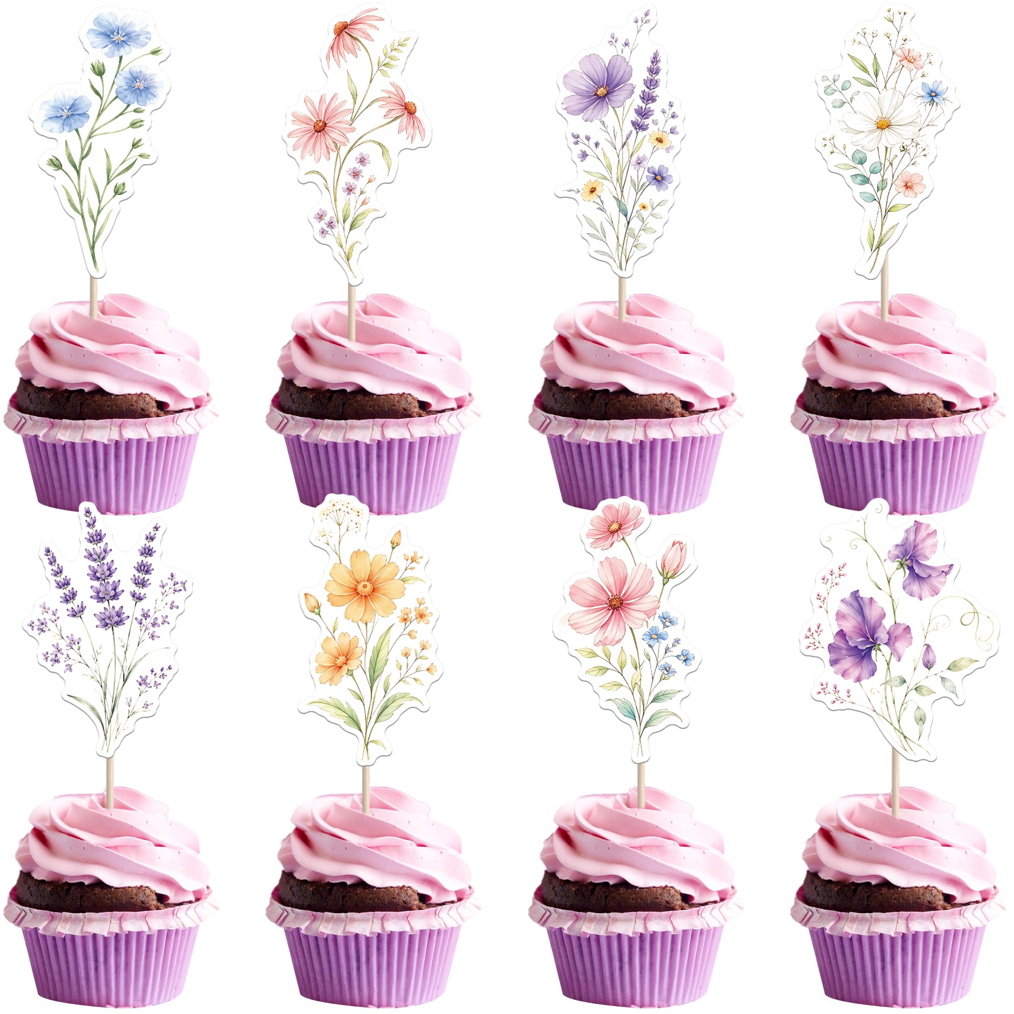 Xsstarmi 40 Pack Flower Birthday Cupcake Toppers Wildflower Party Decorations Baby in Bloom Cake Decorations for Girl Women Garden Floral Fairy Baby Shower Party Decorations Supplies