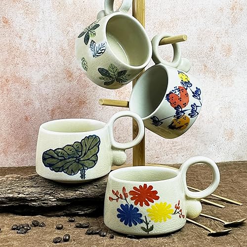 Juego de 4 tazas de cerámica vintage con cucharas doradas, tazas florales botánicas (hoja de loto, crisantemo, menta y flor de fresa) de 12 onzas de