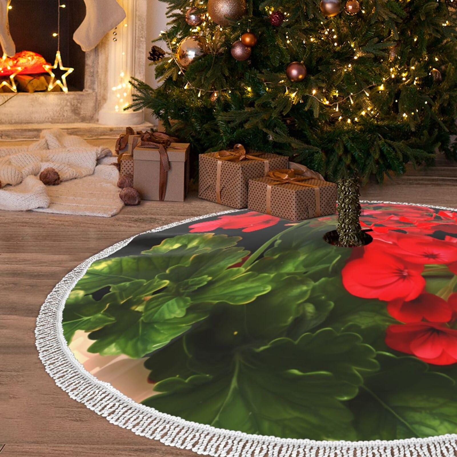 Jupe de sapin de Noël à pompons pour une ambiance de ferme chaleureuse au coin du feu