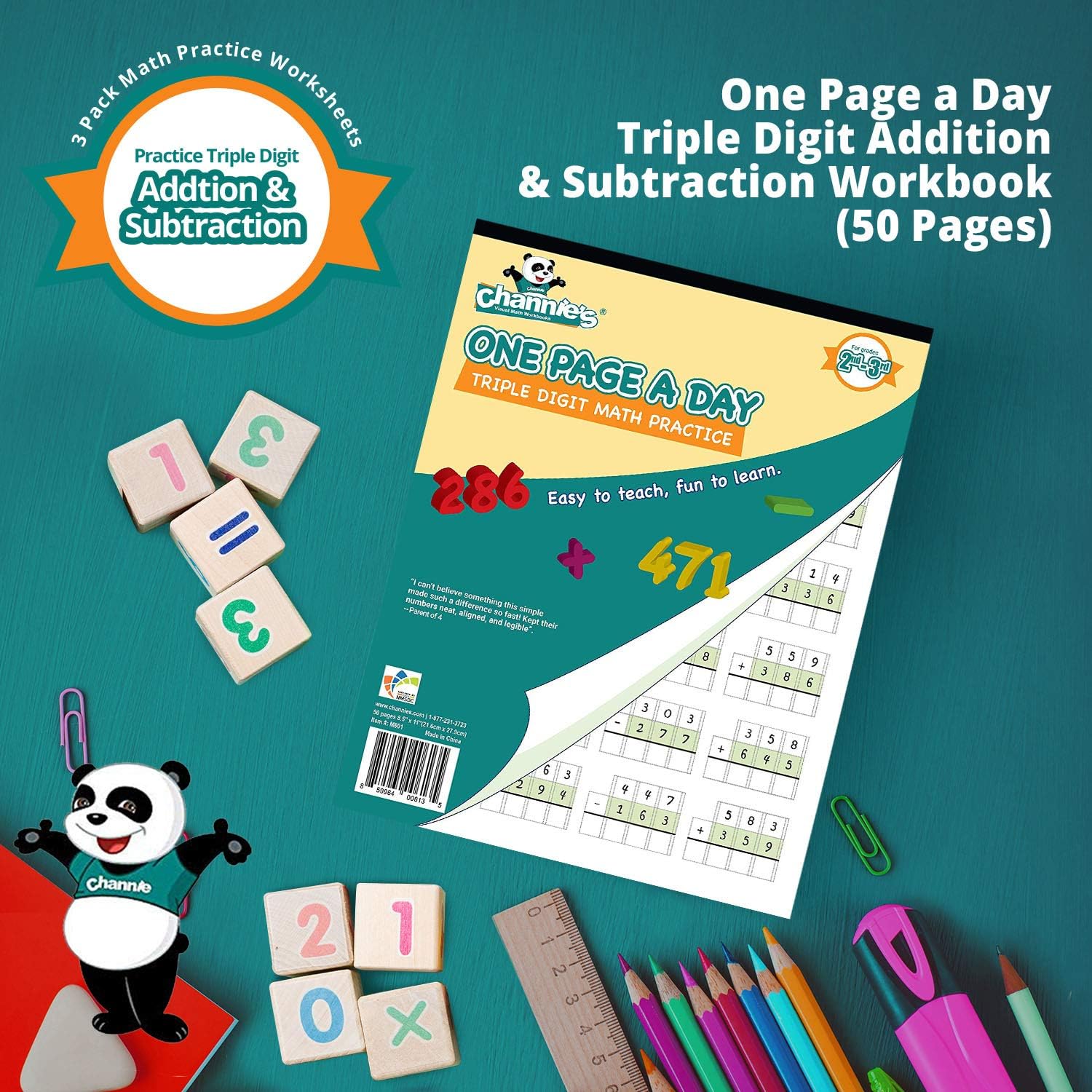 Channie’s One Page A Day Single, Double, Triple Digit Math Practice Worksheets 3 Pack! Grades 2-4th Size 8.5” x 11” Summer School, Summer Bridge