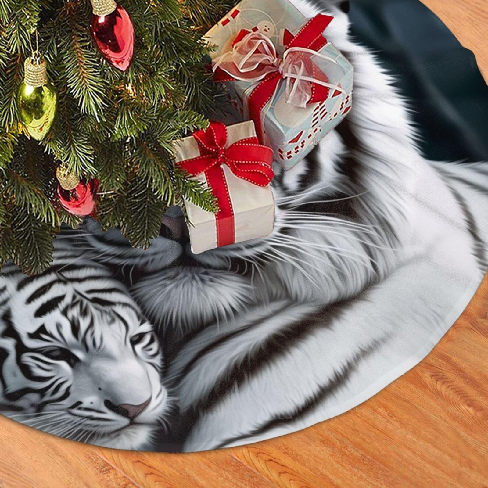 Fodpand Black White Tiger Christmas Tree Skirt 48" Velvet Xmas Tree Skirt Mat Rustic Christmas Tree Mat Cover Winter Xmas Tree Collar For Indoor Outdoor Christmas Decorations