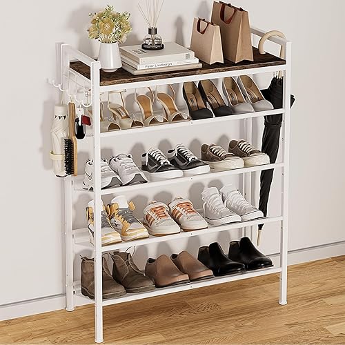 Miniatura 10 de Shoe Rack for Entryway, 4-Tier Black Metal Shoe Rack with Hooks and Adjustable Mesh Shelves, Shoe Shelf for Closet, Front Door Entrance, and Dorm