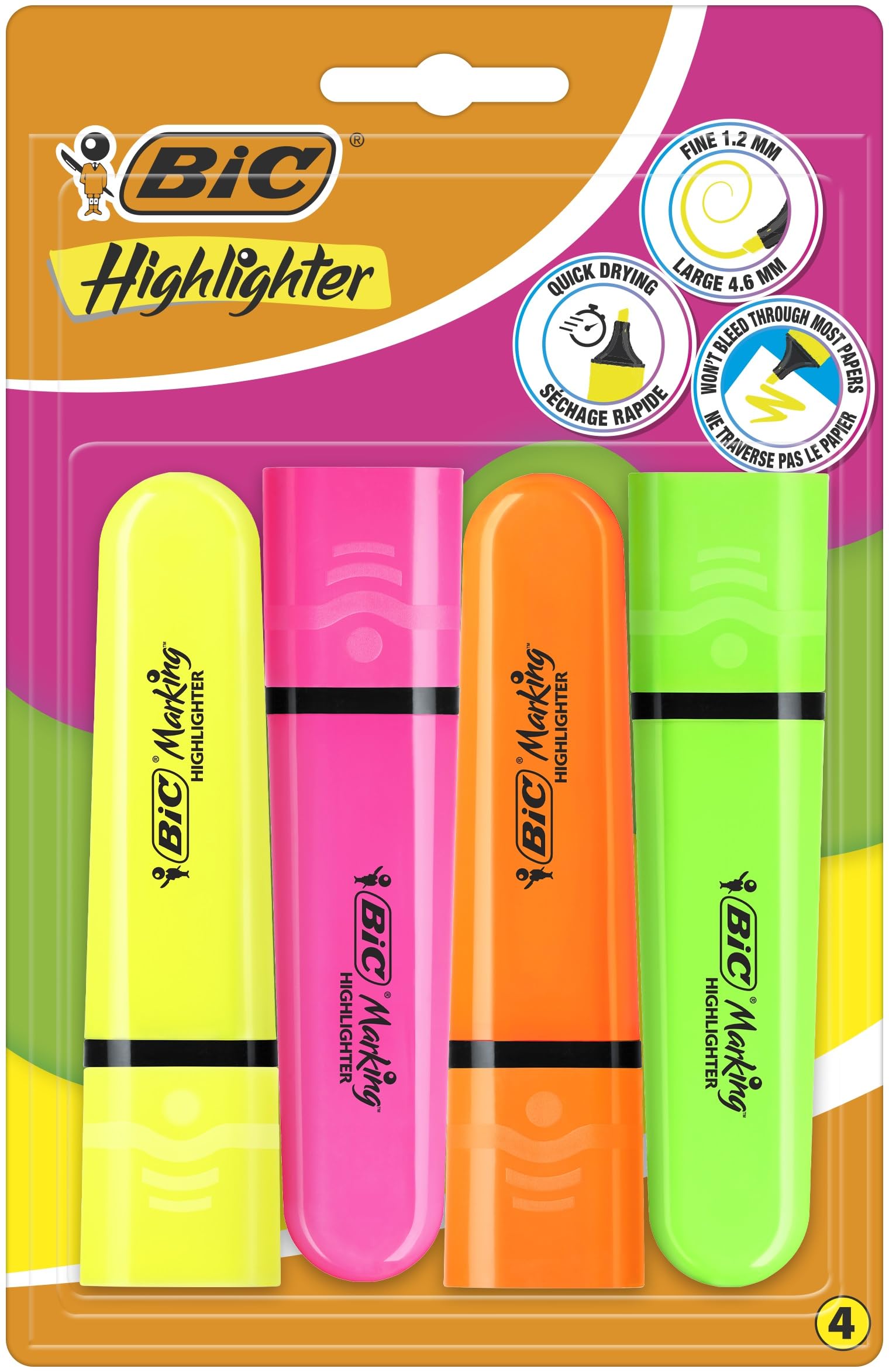 BIC Marking Flat Higlighter Highlighters Set of 4, 4 Colours (Yellow, Orange, Pink, Green), Water-Based, Quick Dry Ink