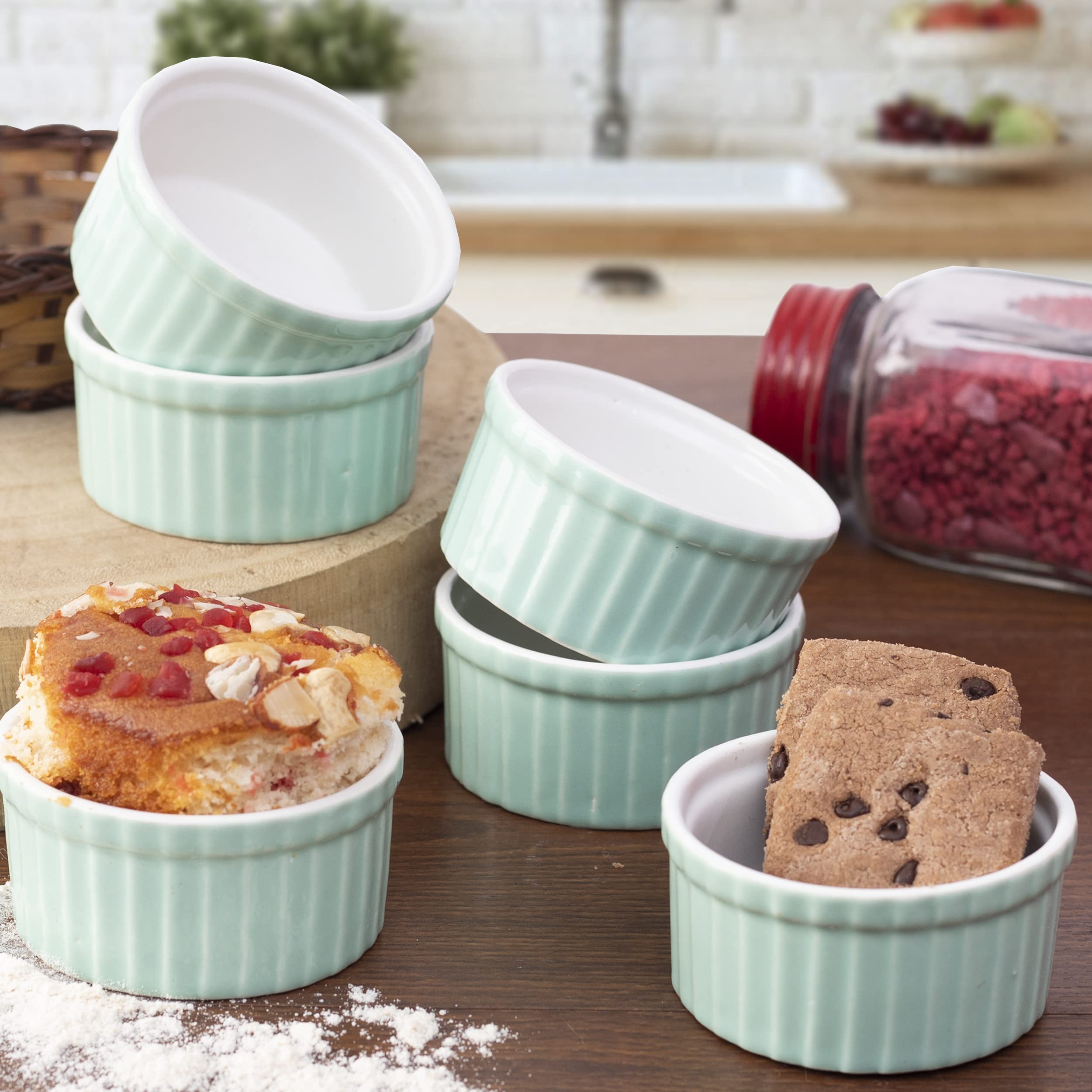 LupaavaCeramic Ramekin Bowl/Soufflé Dish for Baking and Serving Puddings, custards or Other Desserts - Set of 6 (Light Green)