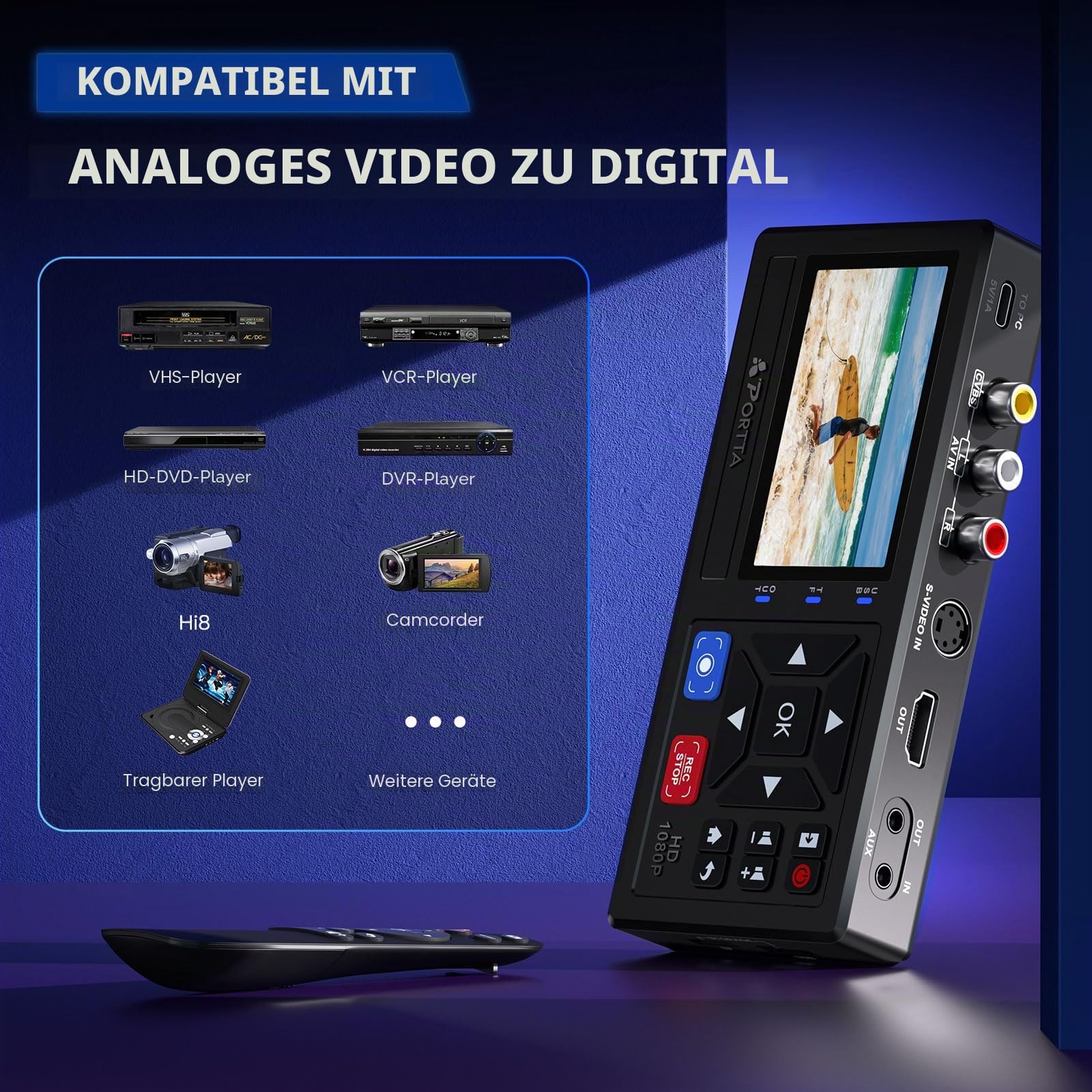 Portta VHS to Digital Converter, Video VHS Digitalisieren Recorder mit Remote, Videokassetten Digitalisieren Compatible with VHS, VCR, DVR, DVD, Hi8, Mini DV, Camcorder, Cassette Tape, Gaming Consoles