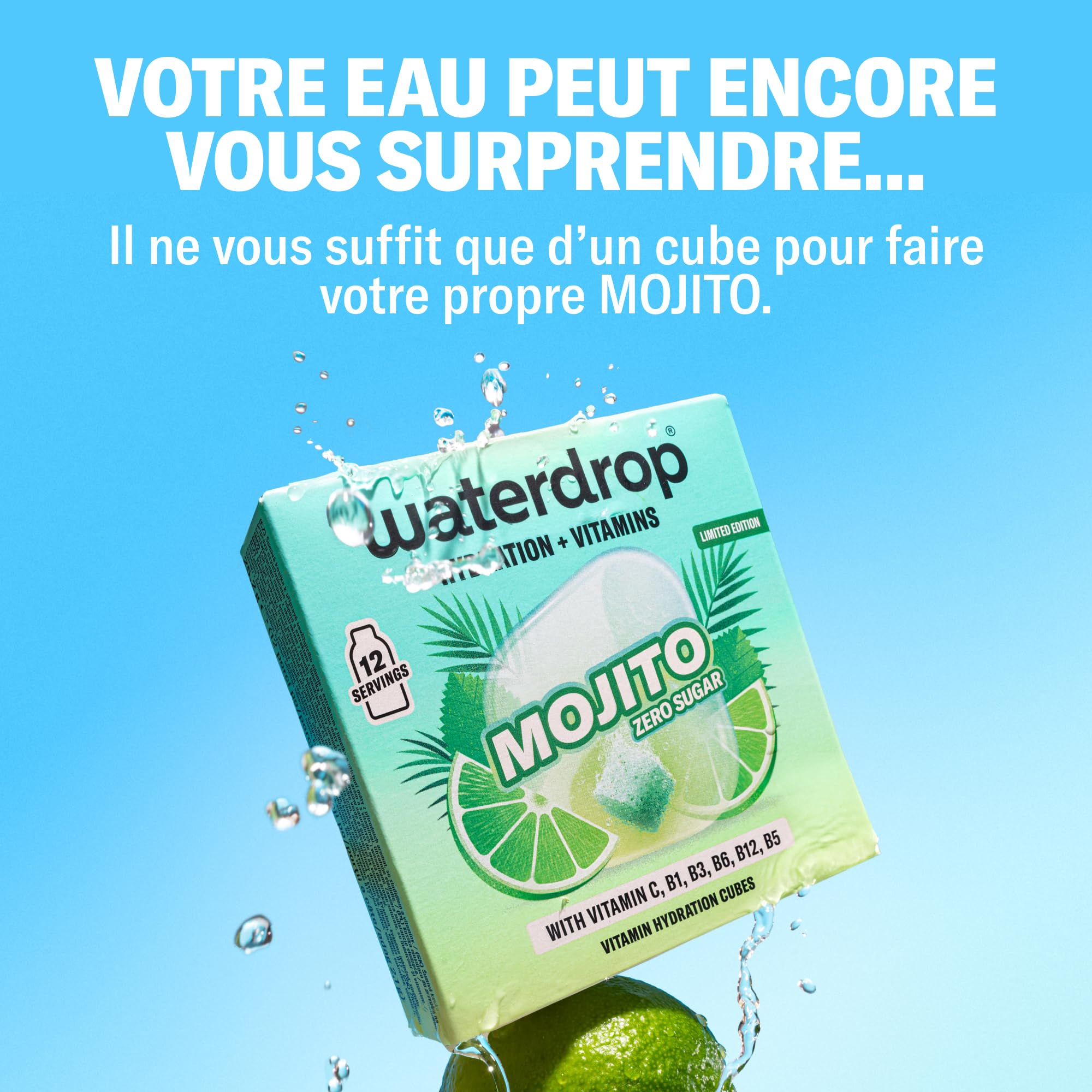 waterdrop® Coffret Mojito Dégustation - 36 Pastilles Hydratation, Cubes de Boisson aux 3 Saveurs: Mojito, Fraise & Mûre, Eau Aromatisée Sans Sucre avec Vitamines C & B, Vegan
