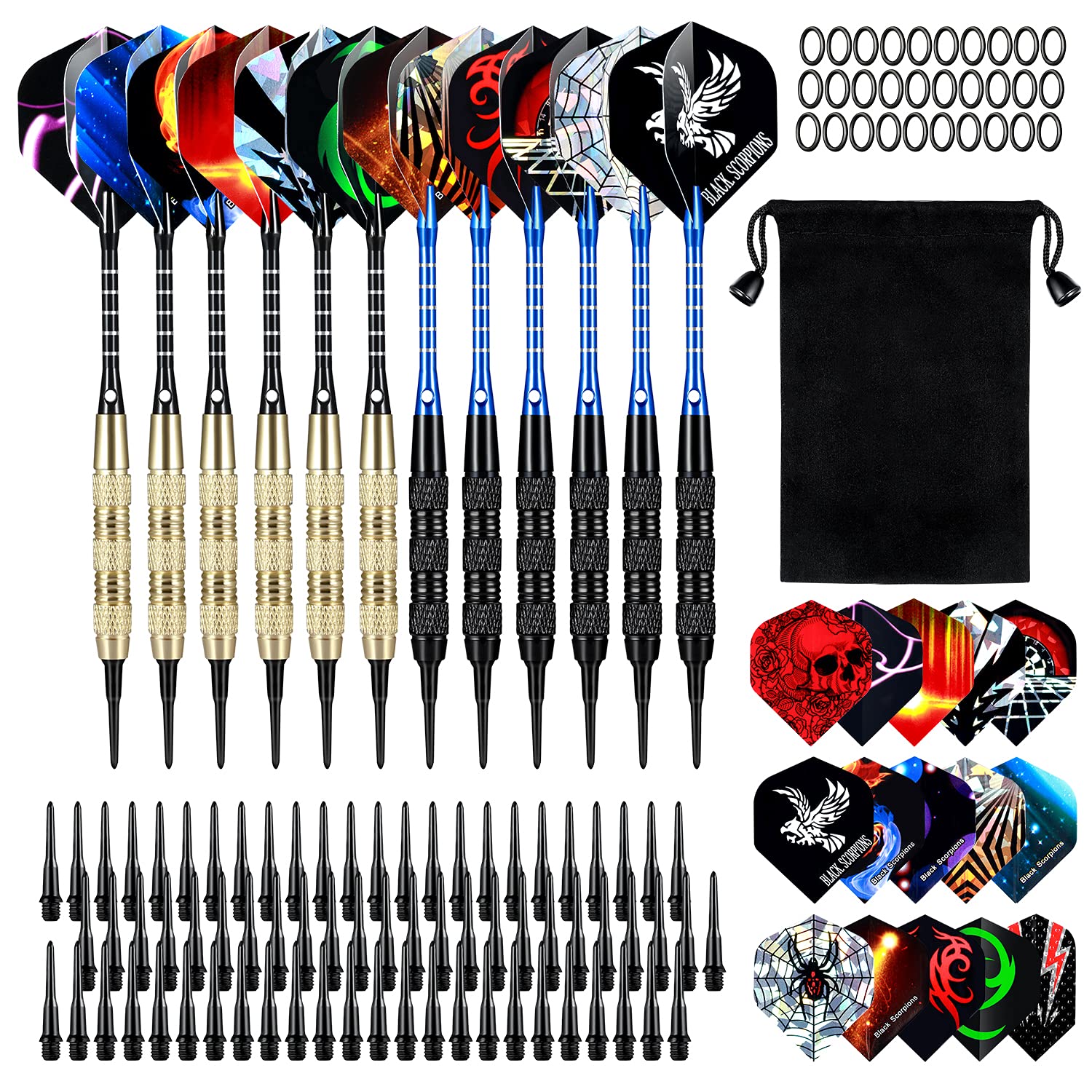 Soft Tip Darts, 12 Pcs Darts Plastic Tip 18 Gram Dart Set with 2 Colors Aluminum Shafts, 45 Dart Flights 200 Extra Dart Tips, Rubber Rings and 1 Storage Bag for Electronic Dart Board