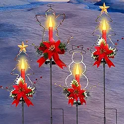 Pacote com 4 luzes solares de estaca de velas de Natal, decorações de quintal de Natal, luzes solares de caminho de árvore de Natal de boneco de neve para jardim ao ar livre, pátio, gramado, enfeites de Natal, 81 cm (boneco de neve, árvore, anjo)