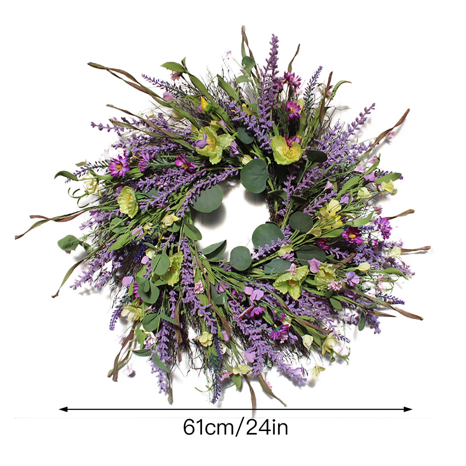 Ghirlanda di lavanda artificiale for porta d'ingresso Ghirlanda di ramoscelli di fiori di lavanda viola da 24 pollici con foglie di eucalipto Corone di ghirlande primaverili estive for la parete di no