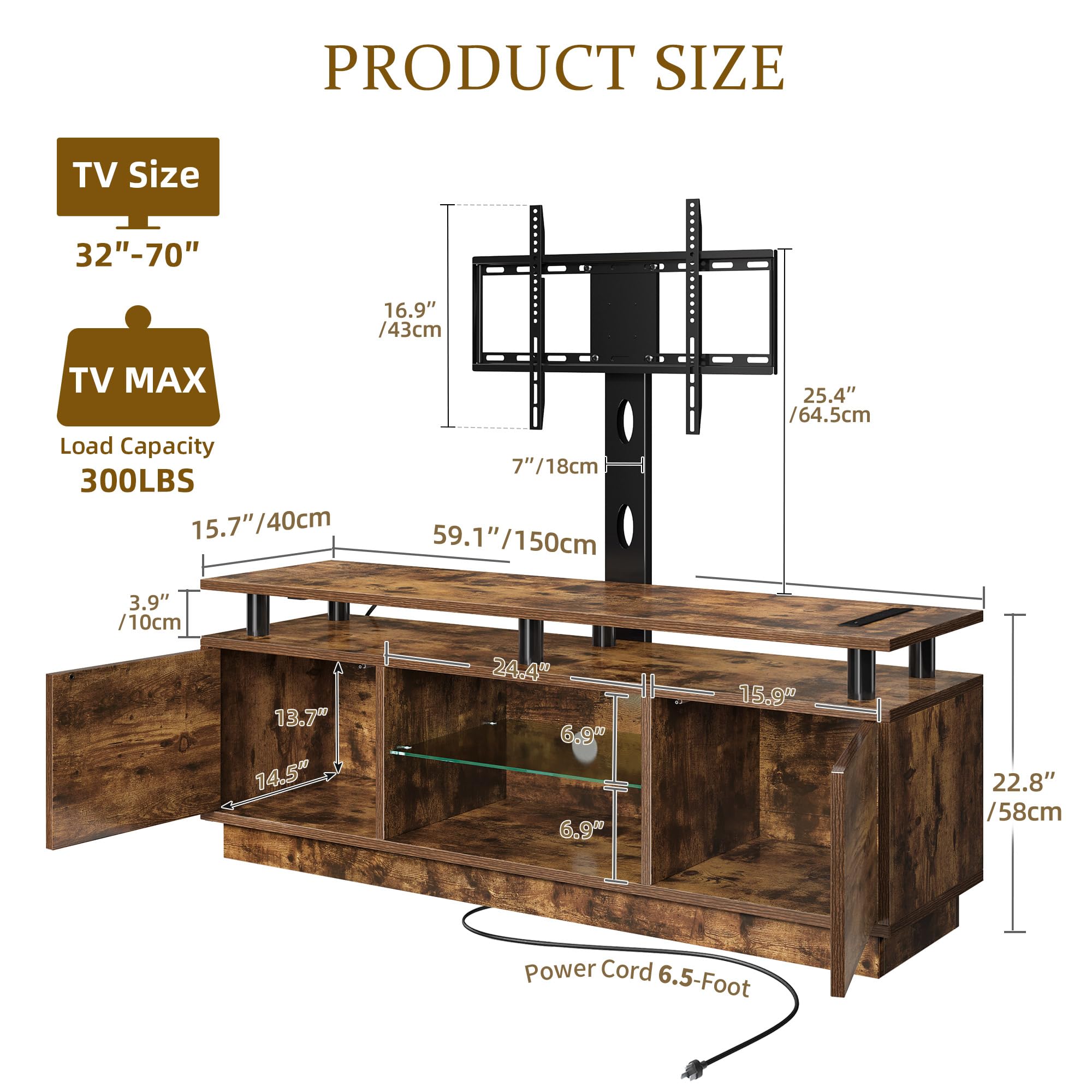 DWVO TV Stands for Living Room, Modern TV Stand for 70/65 inch TV with Mount & Power Outlet, LED Entertainment Center with Storage, Gaming Media Stand, Rustic Brown