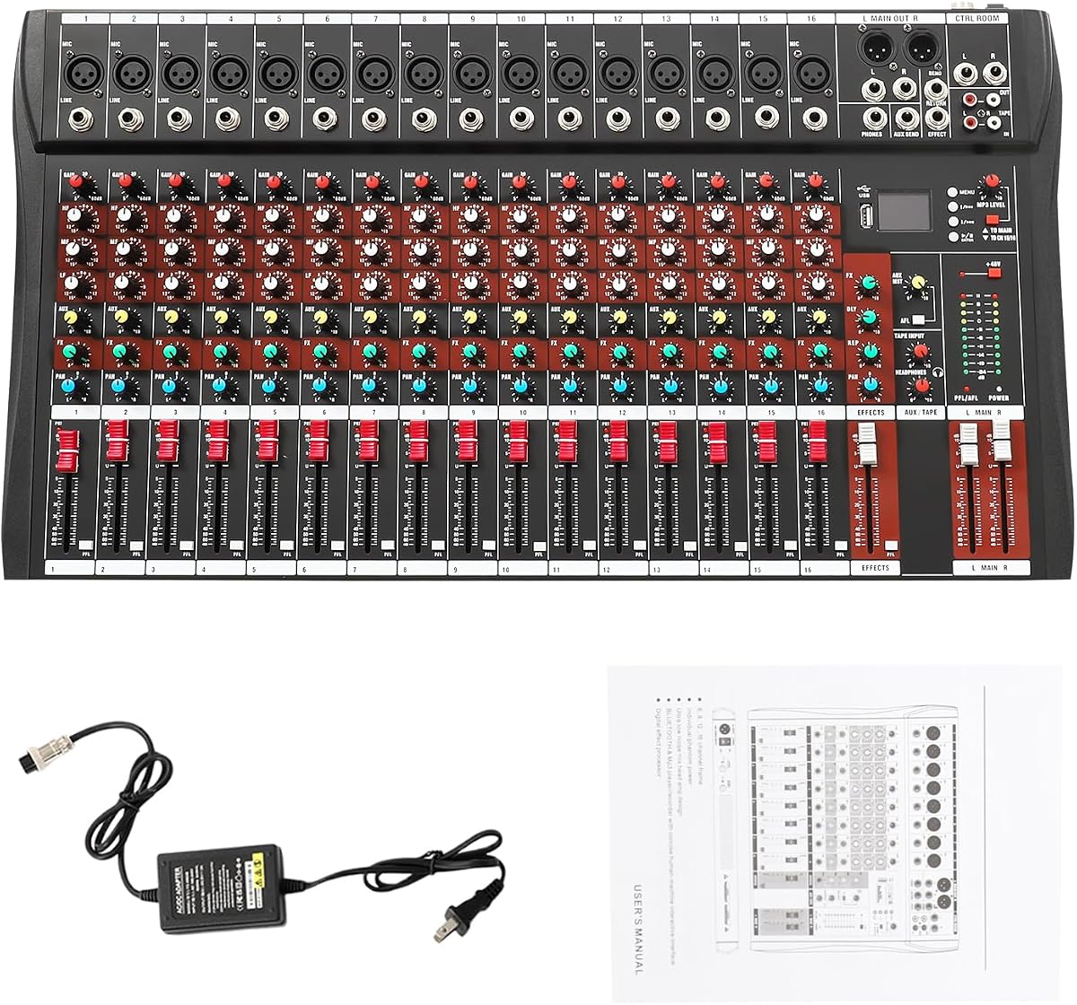 Tablero mezclador de audio USB para DJ de 16 canales con Bluetooth, alimentación fantasma de 48 V, reverberación de música, ecualizador estéreo para sonido en vivo, grabación, podcast, karaoke, grabación de PC, mezcladores de DJ