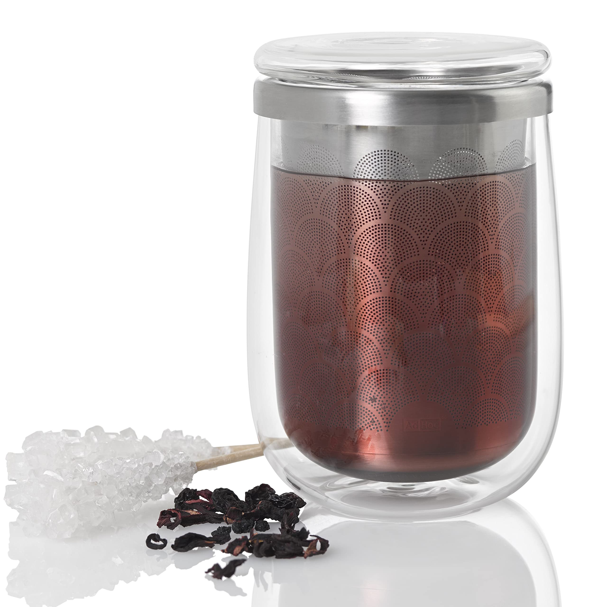 AdHoc Fusion Glass | Set 2x Teeglas und 2x Teefilter für losen Tee | 400ml Füllmenge, Borosilikatglas/Edelstahl